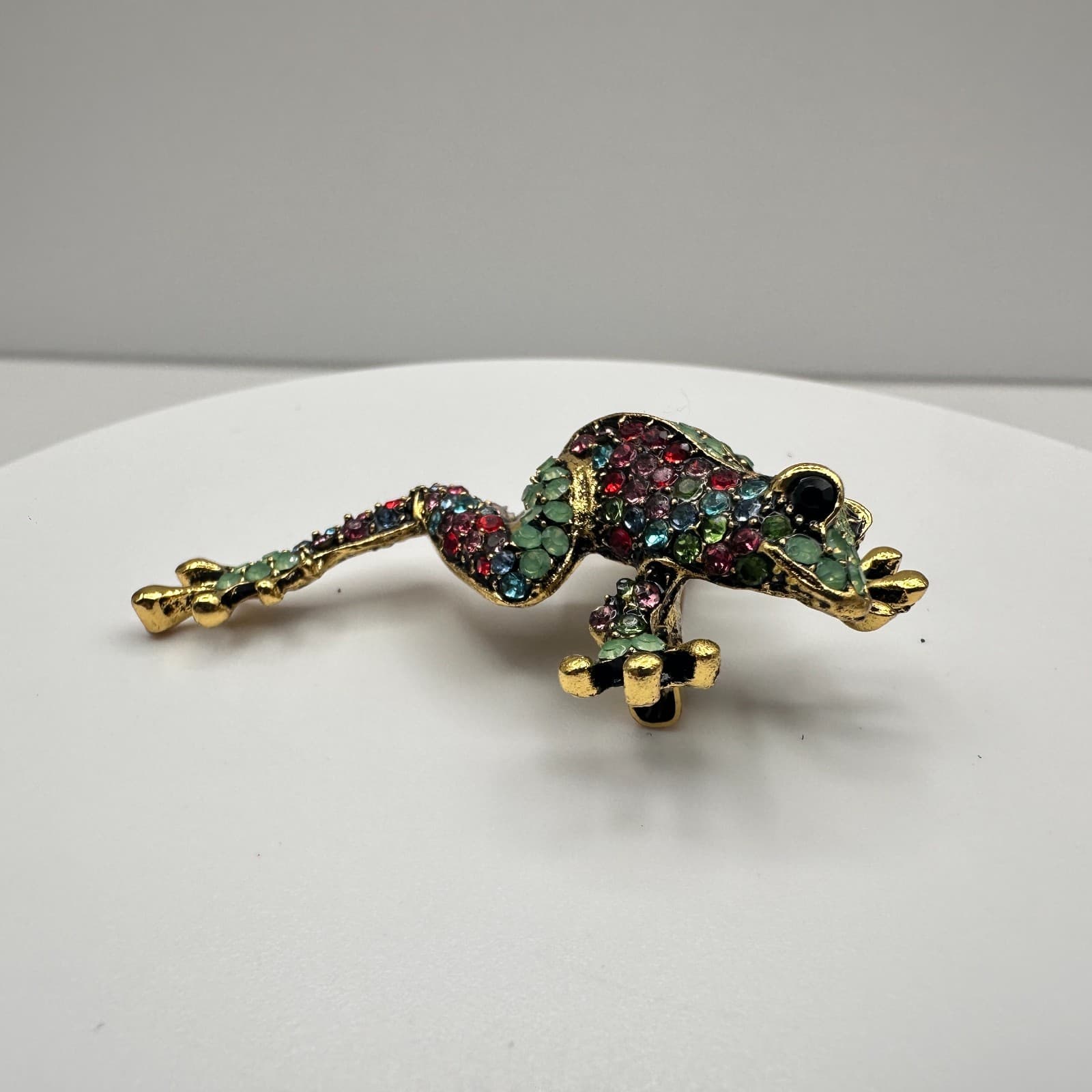 Vintage 90s Rhinestone Frog Brooch Pin Gold Tone Statement Women's Jewelry - Thumbnail 6