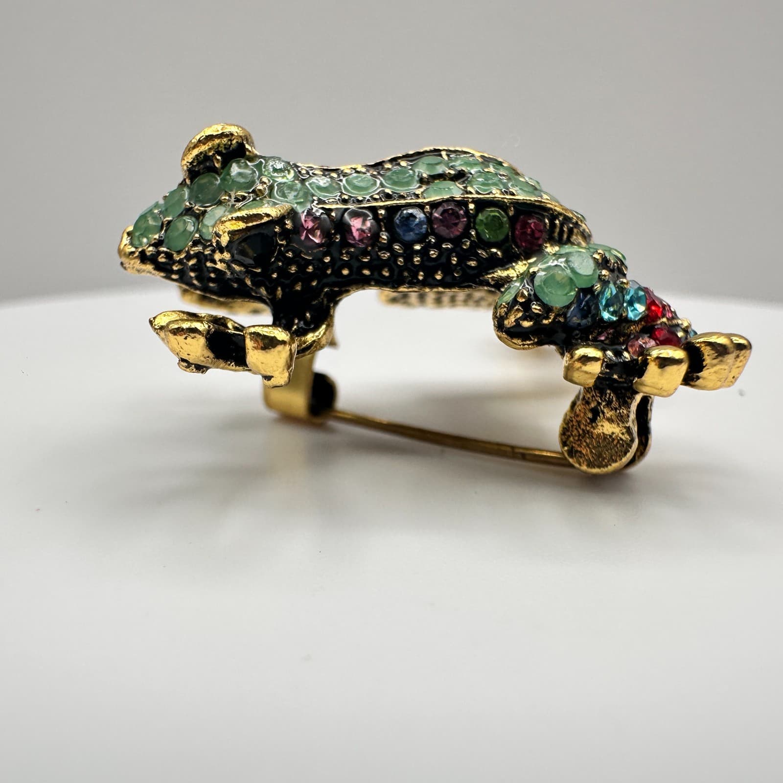 Vintage 90s Rhinestone Frog Brooch Pin Gold Tone Statement Women's Jewelry - Thumbnail 12