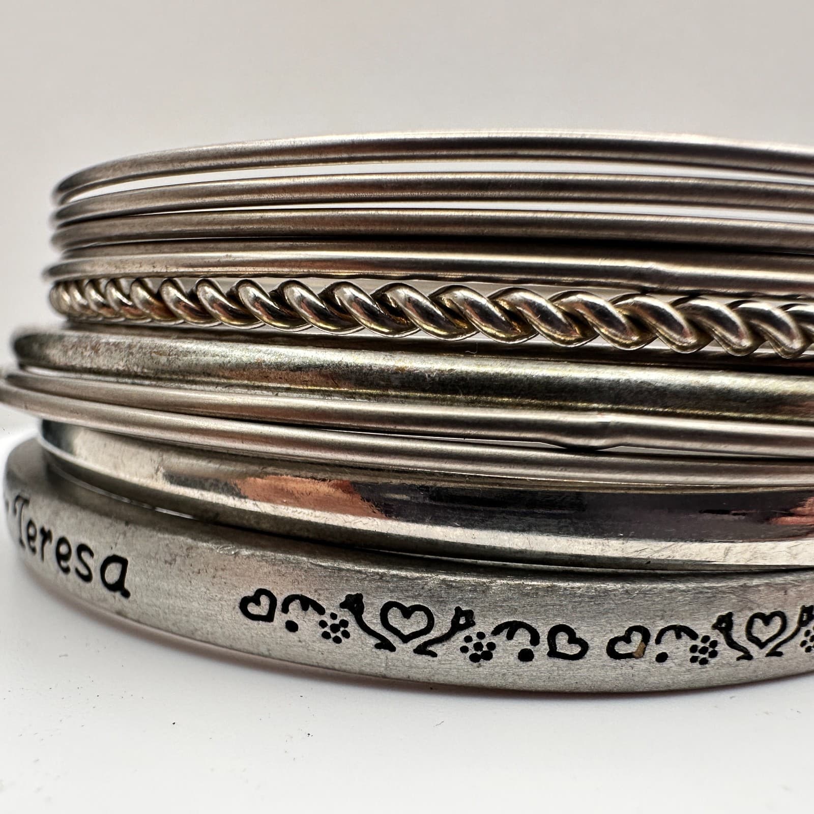 Vintage 90s Mother Teresa Engraved Bracelet Set Silver Tone Women's Jewelry - Thumbnail 4