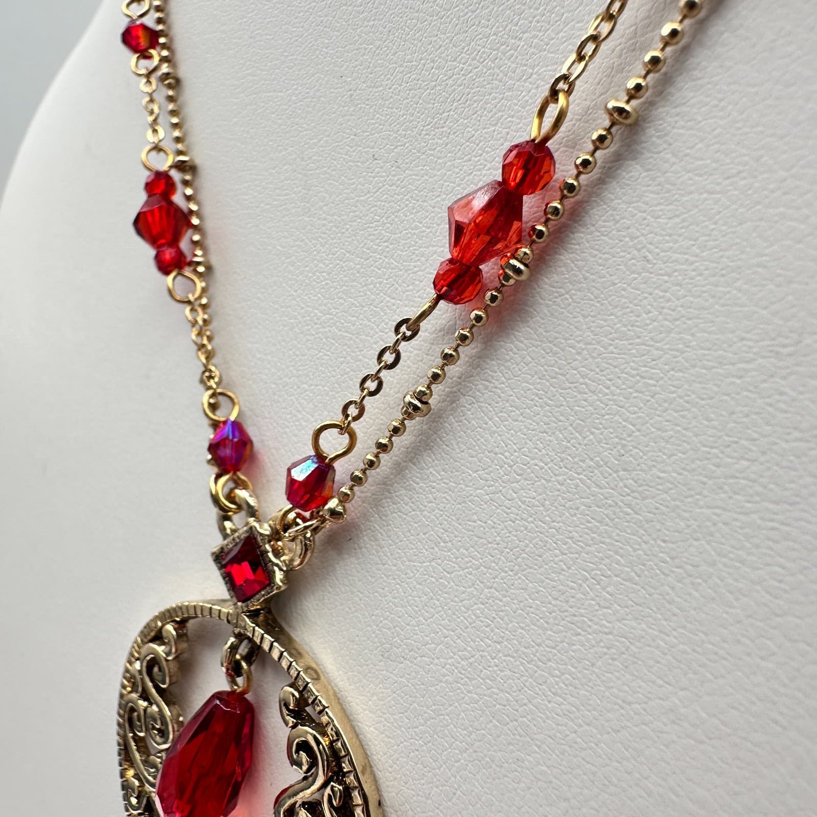 Vintage Y2K Cookie Lee Red Stone Necklace Gold Tone Filigree Tassel Statement - Thumbnail 13