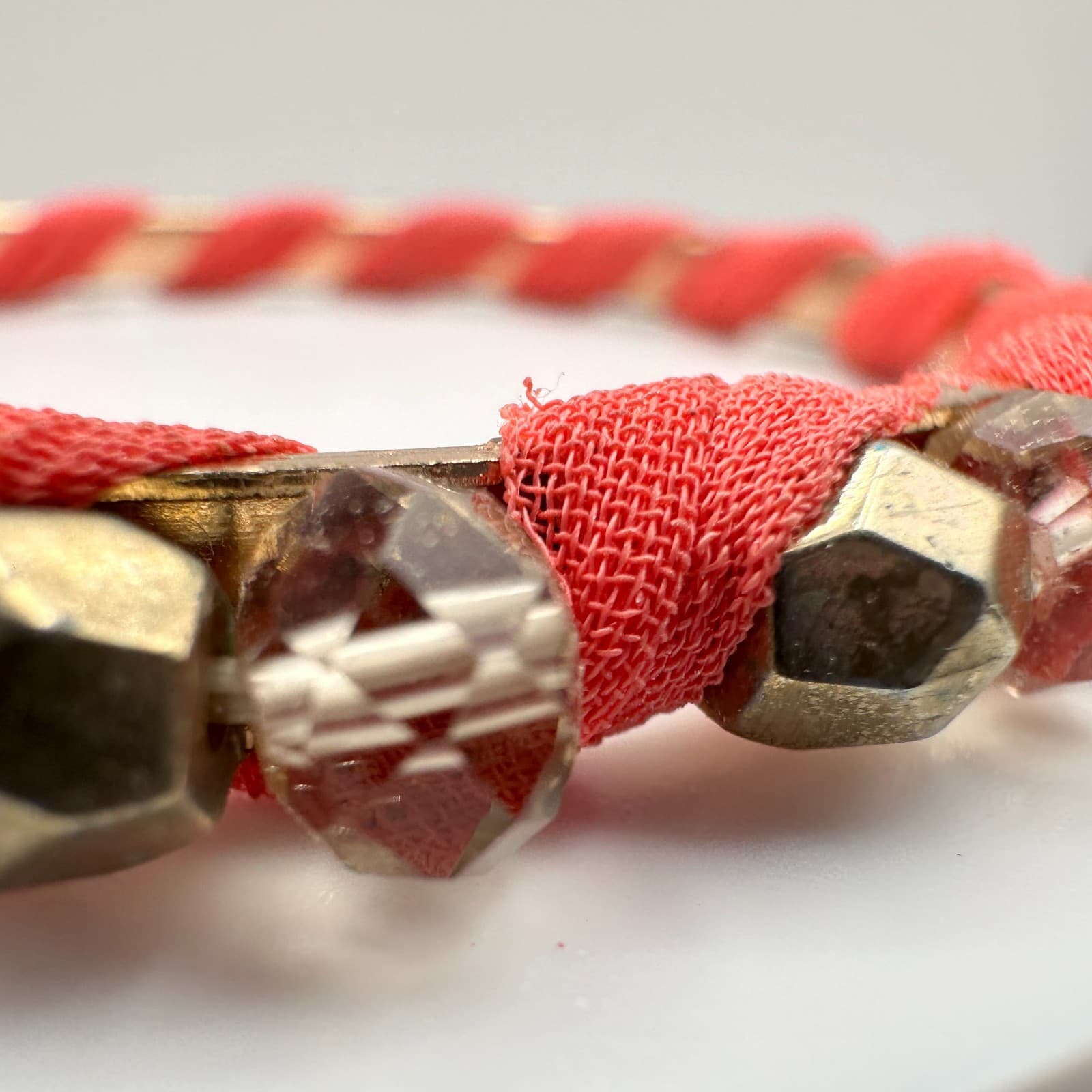 Vintage 90s Boho Coral Red Fabric Wrapped Bracelet Gold Tone Beaded Statement - Thumbnail 7