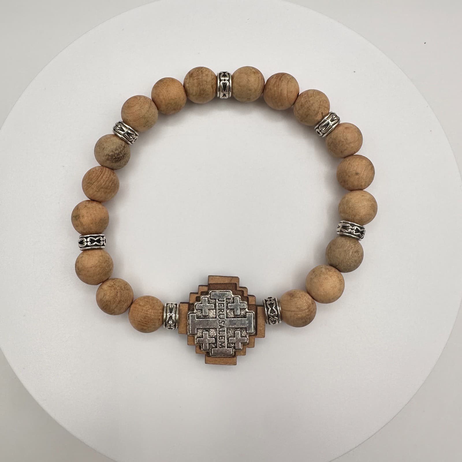 Vintage 90s Jerusalem Cross Stretch Bracelet Olive Wood Beads Religious Jewelry - Thumbnail 2