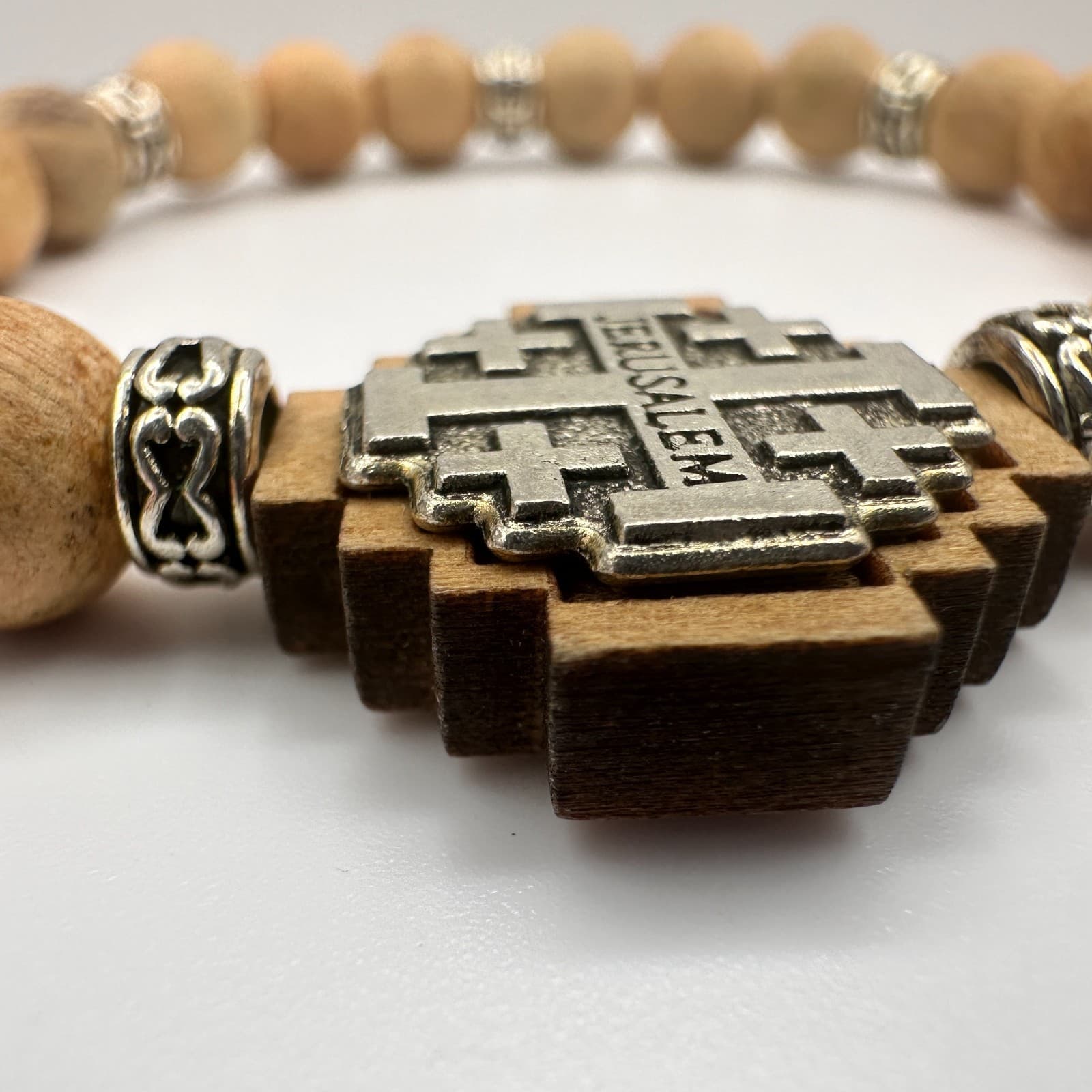 Vintage 90s Jerusalem Cross Stretch Bracelet Olive Wood Beads Religious Jewelry - Thumbnail 6