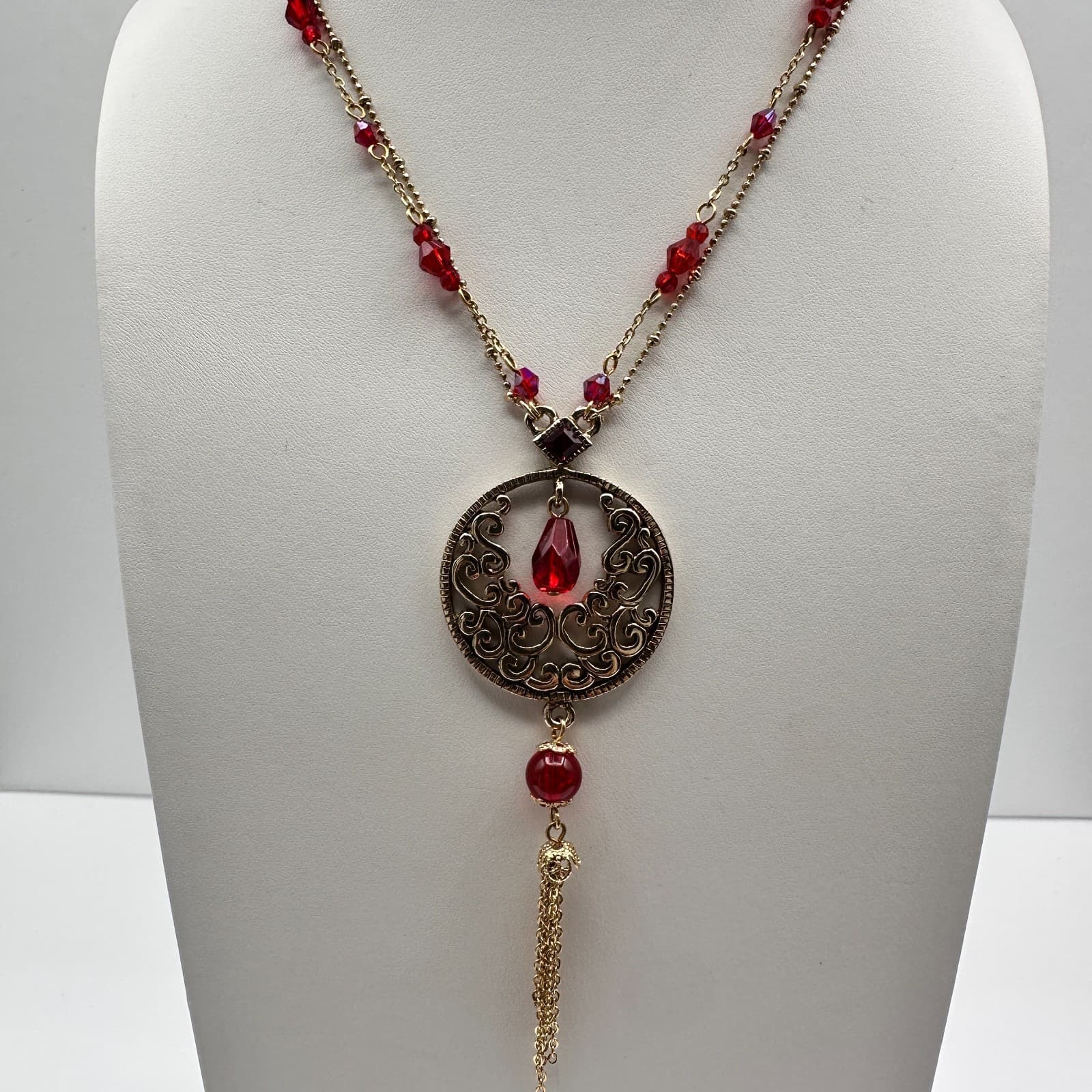 Vintage Y2K Cookie Lee Red Stone Necklace Gold Tone Filigree Tassel Statement - Thumbnail 14
