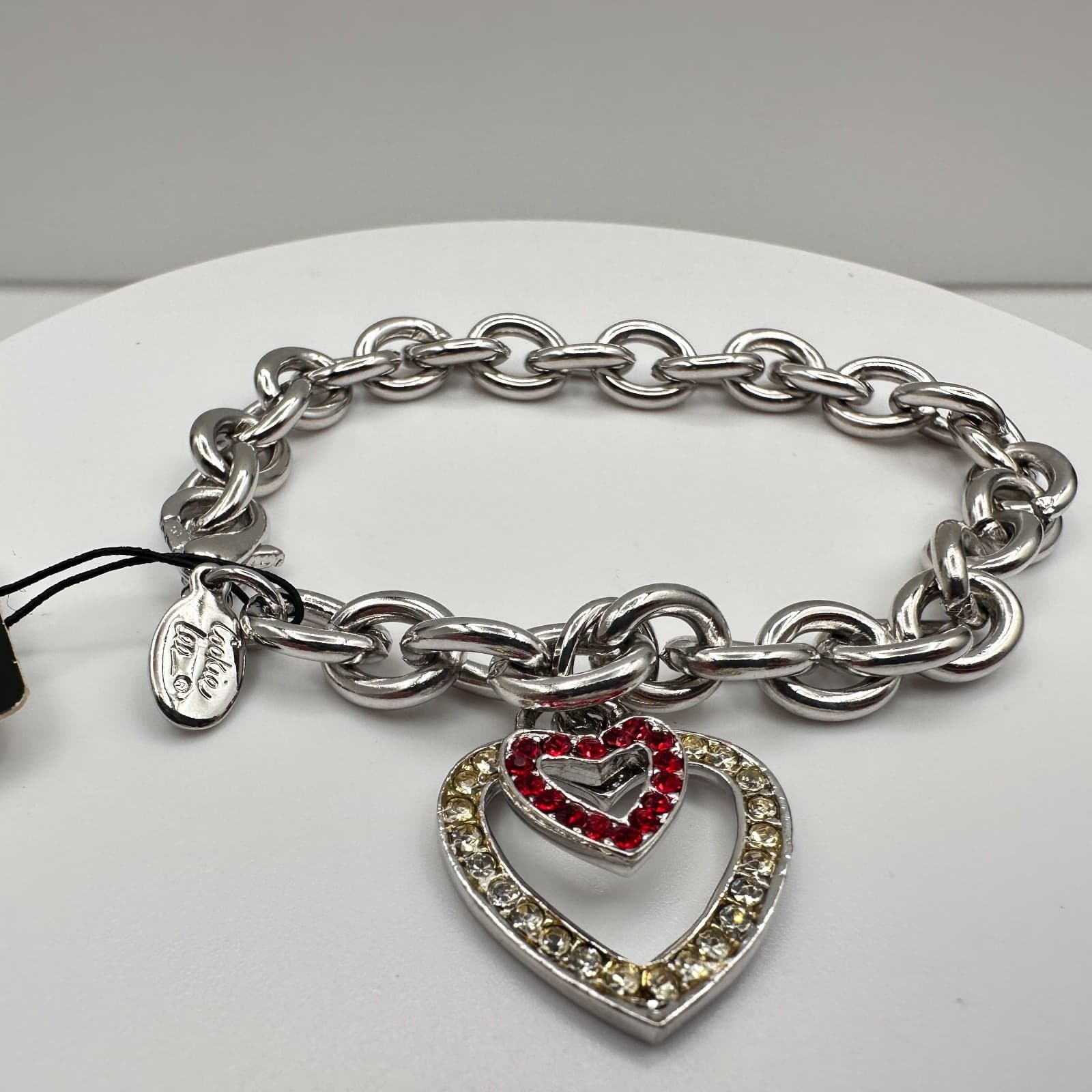 Vintage Y2K Cookie Lee Silver Tone Chunky Chain Bracelet Double Rhinestone Heart - Thumbnail 4