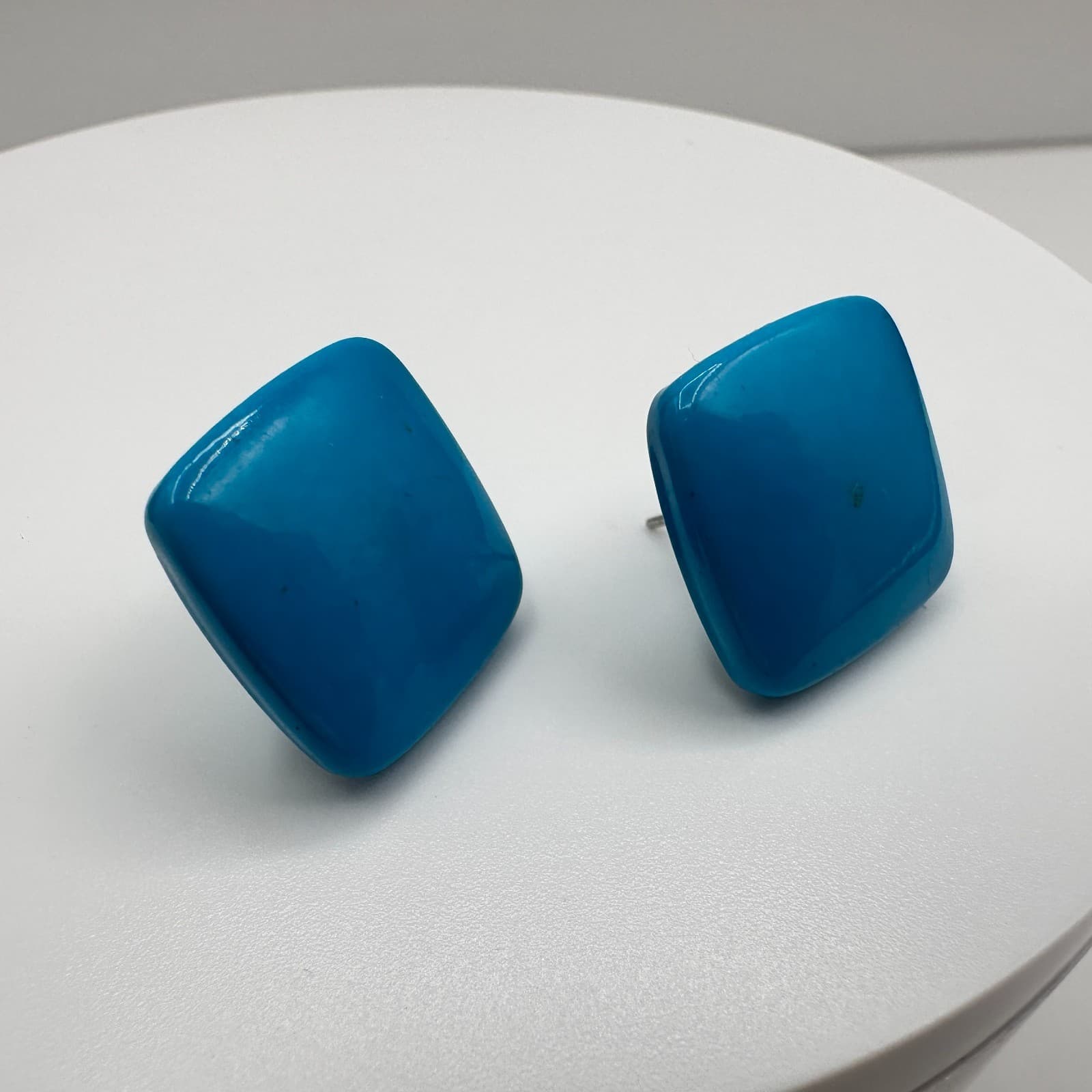 Vintage 90s Turquoise Blue Enamel Square Stud Earrings Retro Statement Jewelry - Thumbnail 7