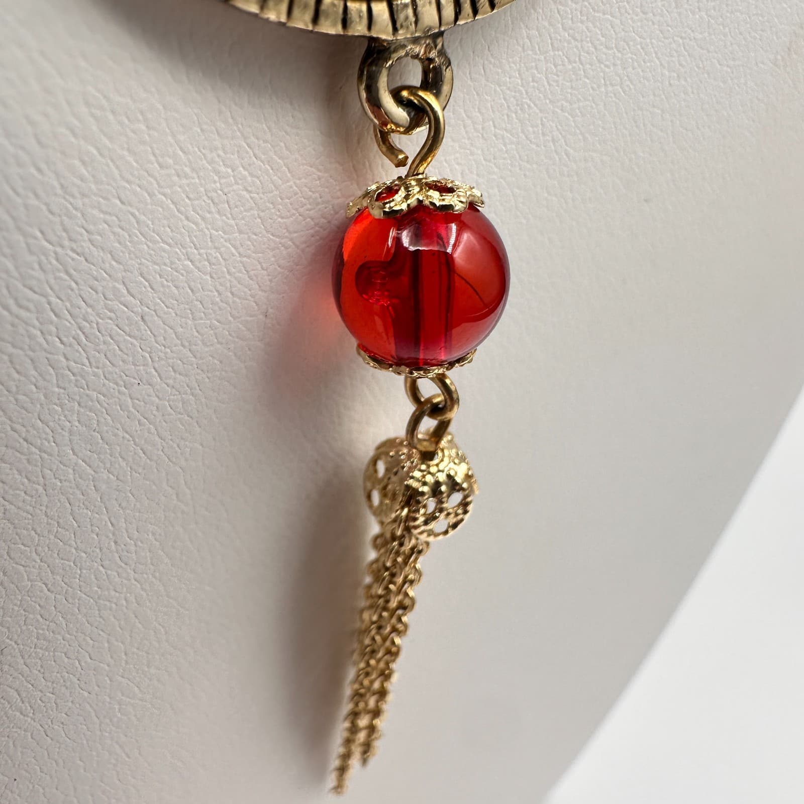 Vintage Y2K Cookie Lee Red Stone Necklace Gold Tone Filigree Tassel Statement - Thumbnail 9