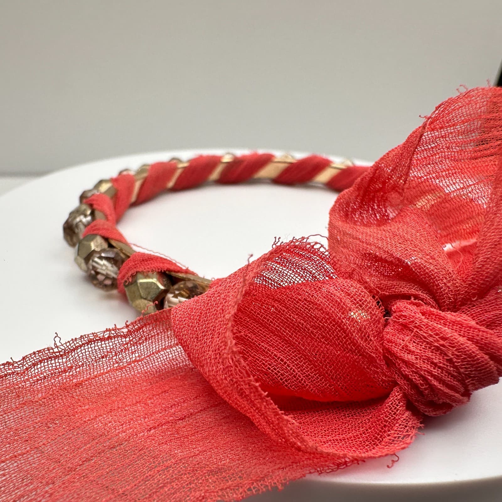 Vintage 90s Boho Coral Red Fabric Wrapped Bracelet Gold Tone Beaded Statement - Thumbnail 3