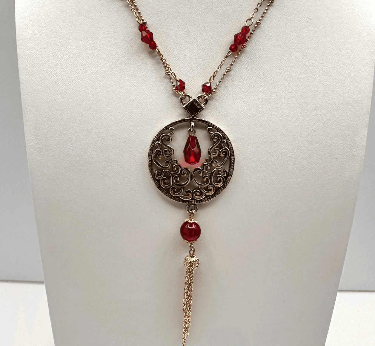 Vintage Y2K Cookie Lee Red Stone Necklace Gold Tone Filigree Tassel Statement - Image 1