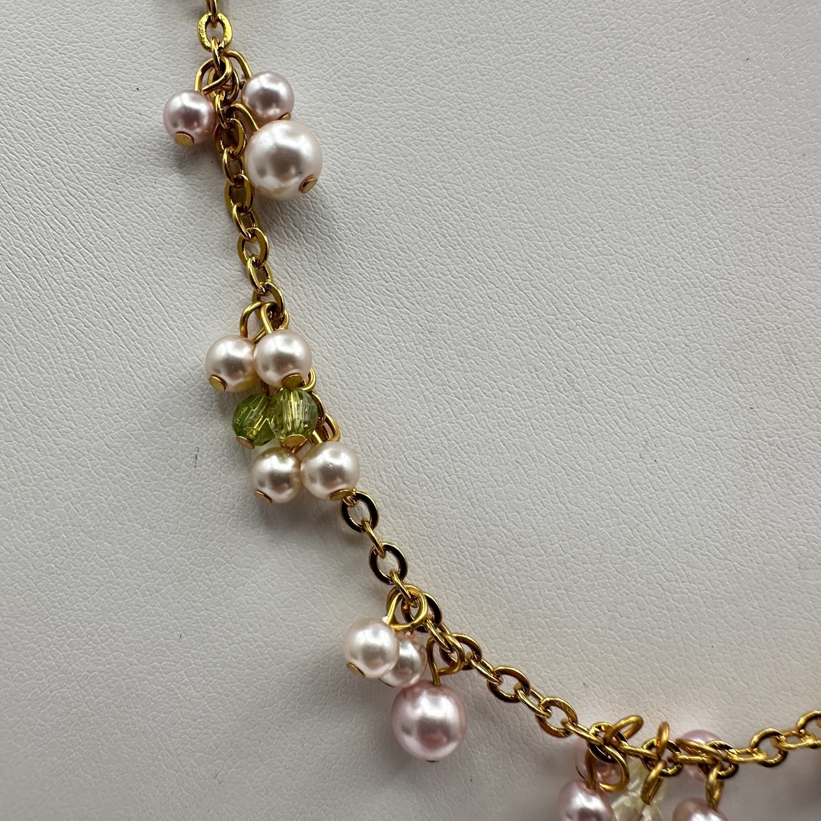 Vintage 90s Cookie Lee Faux Pearl Green Glass Necklace Gold Tone Women's Jewelry - Thumbnail 2