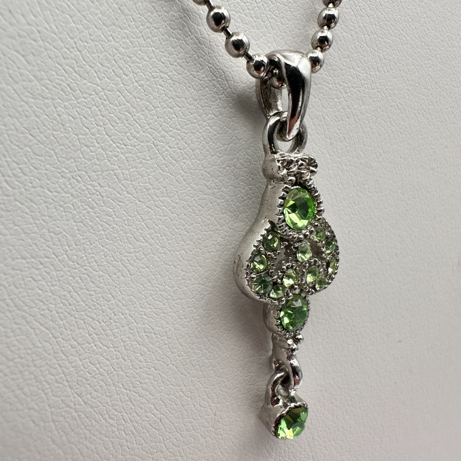 Vintage Y2K Cookie Lee Green Rhinestone Pendant Necklace Silver Tone Ball Chain - Thumbnail 4