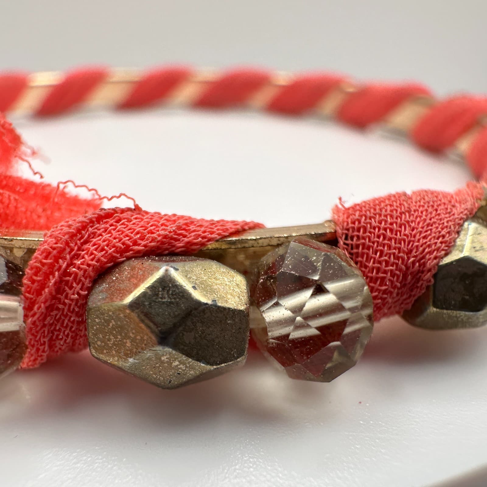 Vintage 90s Boho Coral Red Fabric Wrapped Bracelet Gold Tone Beaded Statement - Thumbnail 6