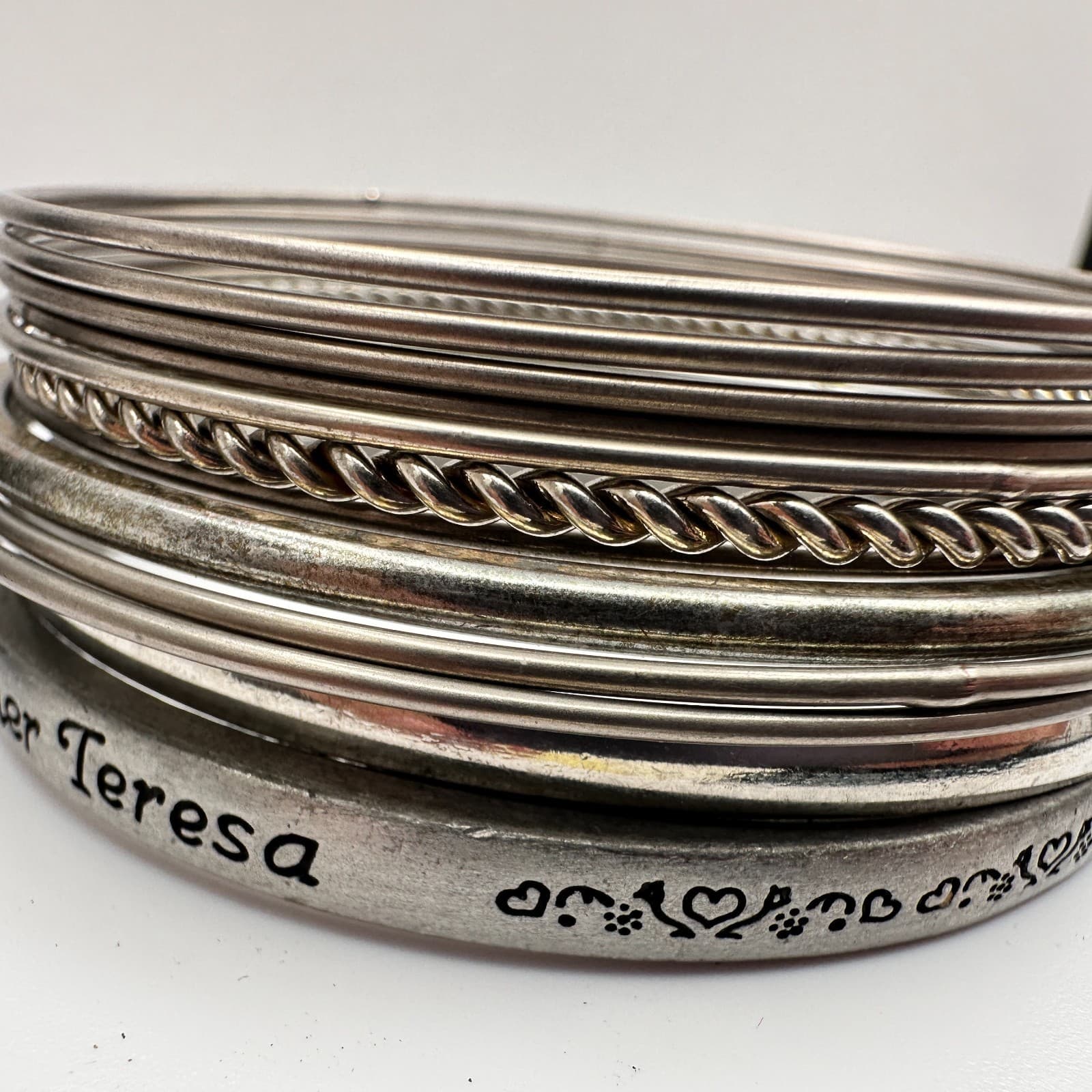 Vintage 90s Mother Teresa Engraved Bracelet Set Silver Tone Women's Jewelry - Thumbnail 6