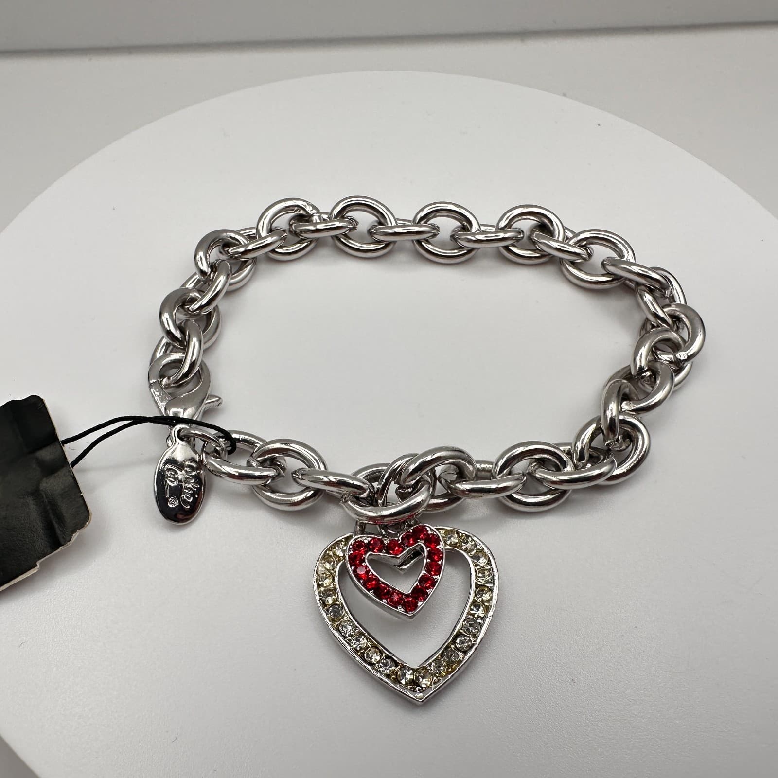 Vintage Y2K Cookie Lee Silver Tone Chunky Chain Bracelet Double Rhinestone Heart - Thumbnail 11