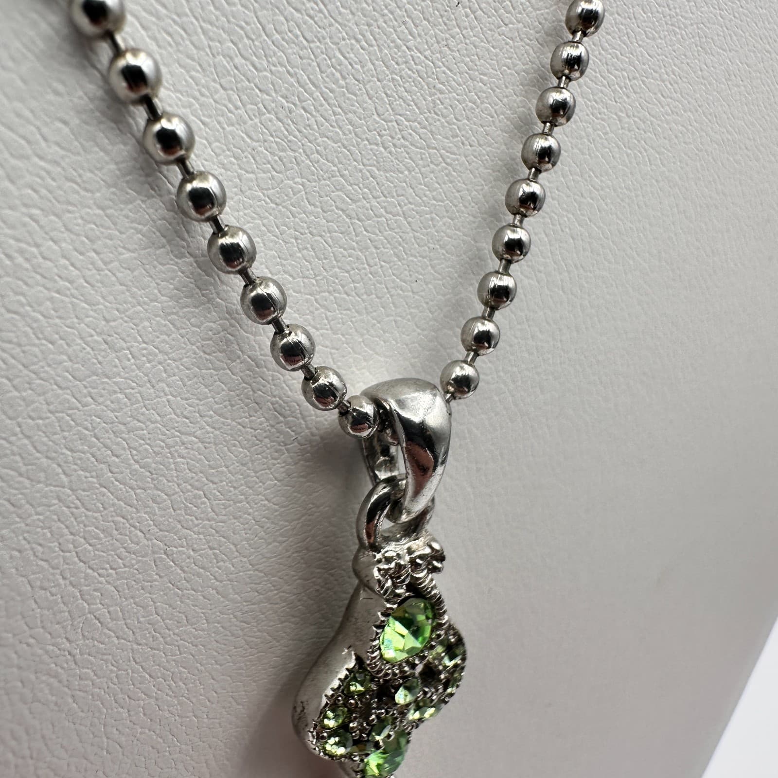 Vintage Y2K Cookie Lee Green Rhinestone Pendant Necklace Silver Tone Ball Chain - Thumbnail 6