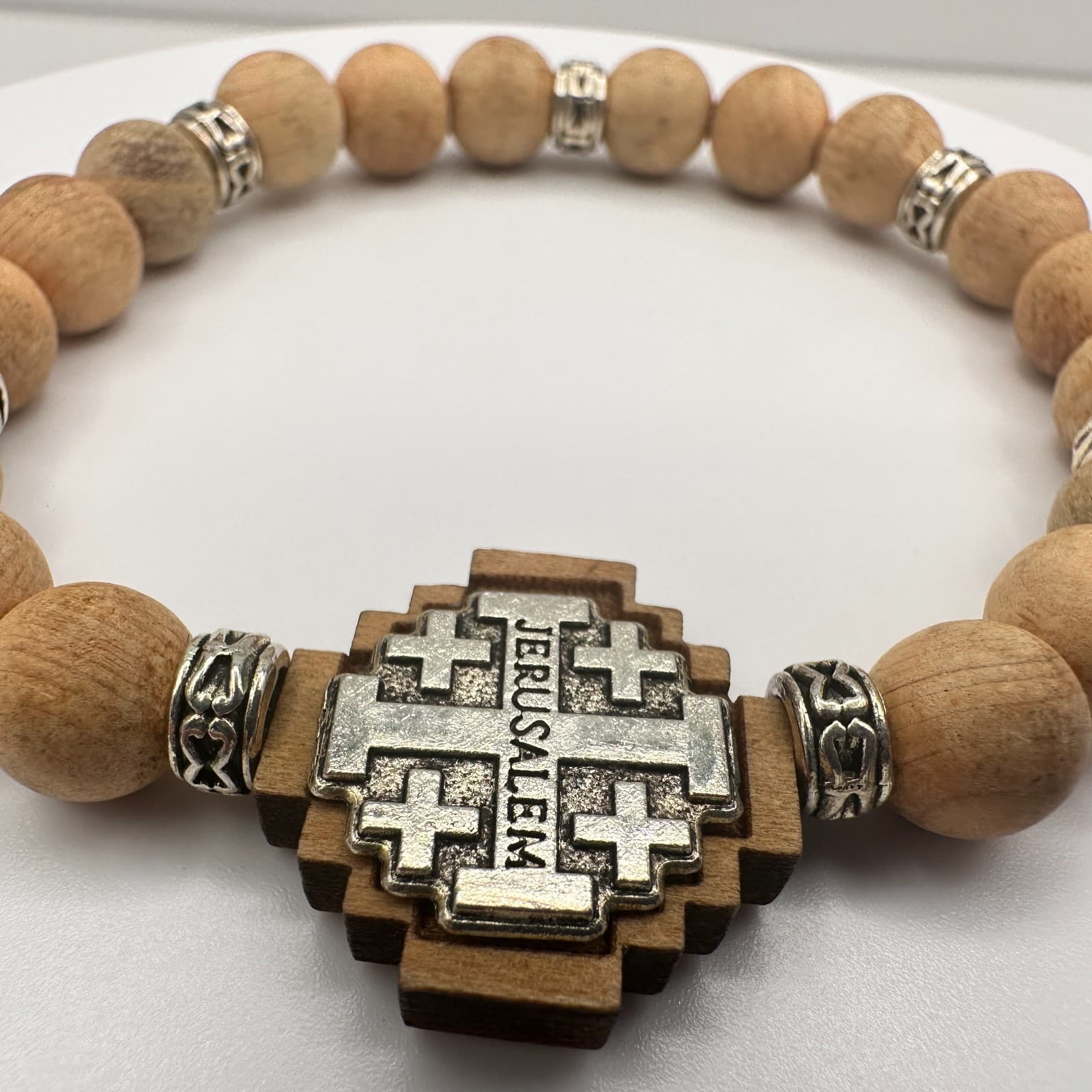 Vintage 90s Jerusalem Cross Stretch Bracelet Olive Wood Beads Religious Jewelry - Thumbnail 4
