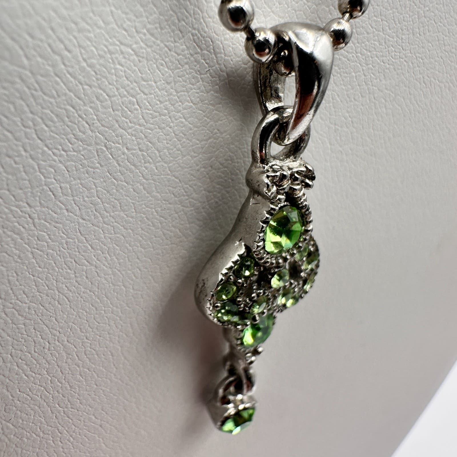 Vintage Y2K Cookie Lee Green Rhinestone Pendant Necklace Silver Tone Ball Chain - Thumbnail 5