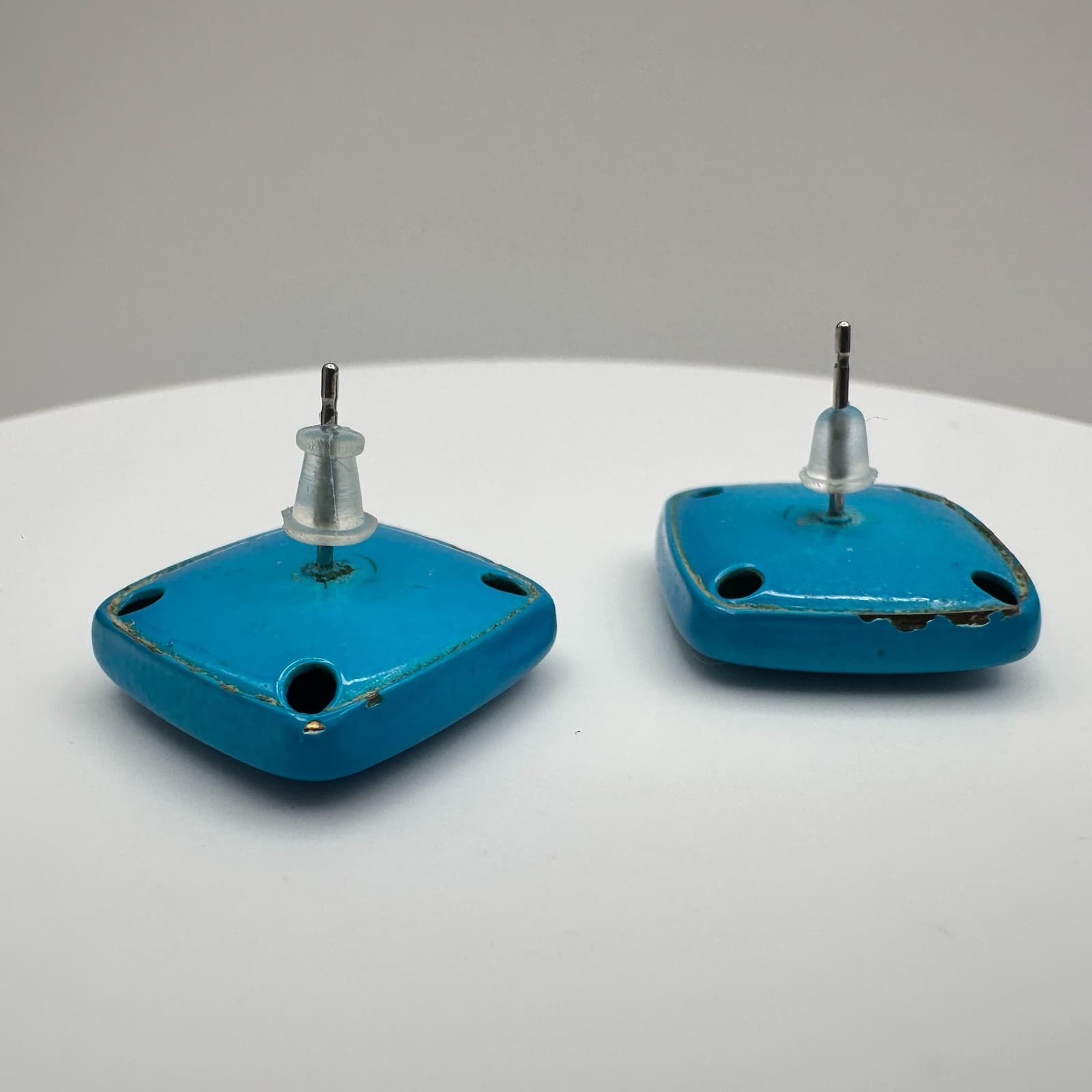 Vintage 90s Turquoise Blue Enamel Square Stud Earrings Retro Statement Jewelry - Thumbnail 8