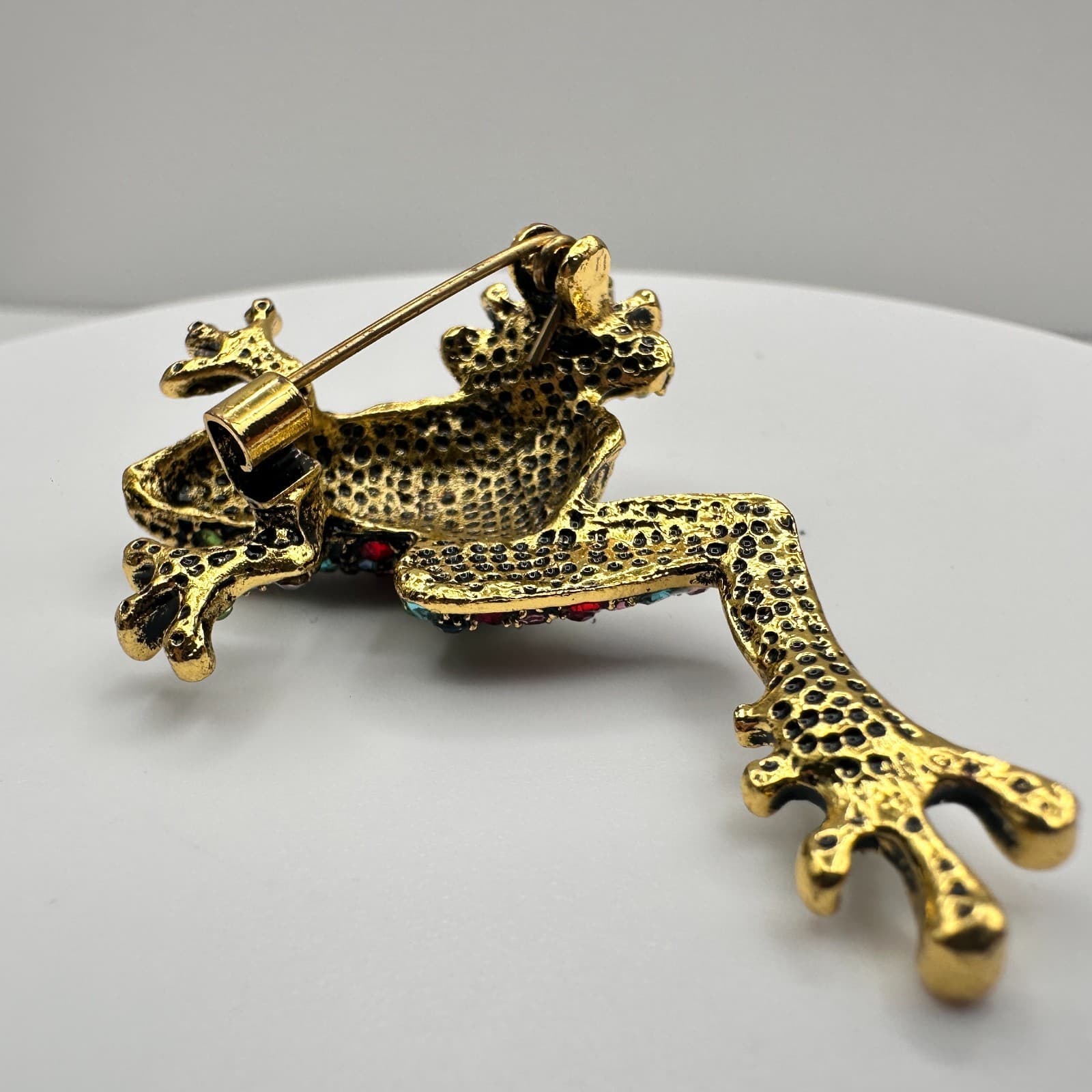 Vintage 90s Rhinestone Frog Brooch Pin Gold Tone Statement Women's Jewelry - Thumbnail 13