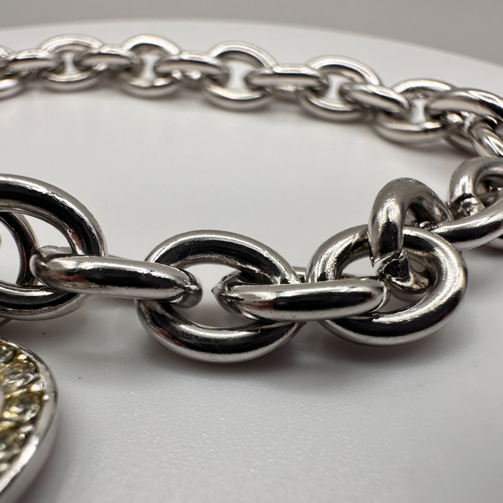 Vintage Y2K Cookie Lee Silver Tone Chunky Chain Bracelet Double Rhinestone Heart - Thumbnail 8