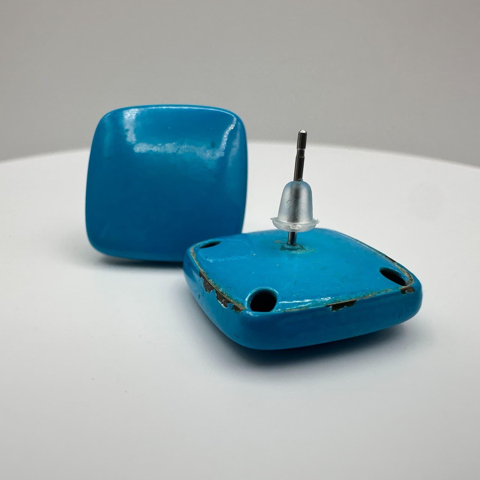 Vintage 90s Turquoise Blue Enamel Square Stud Earrings Retro Statement Jewelry - Thumbnail 4