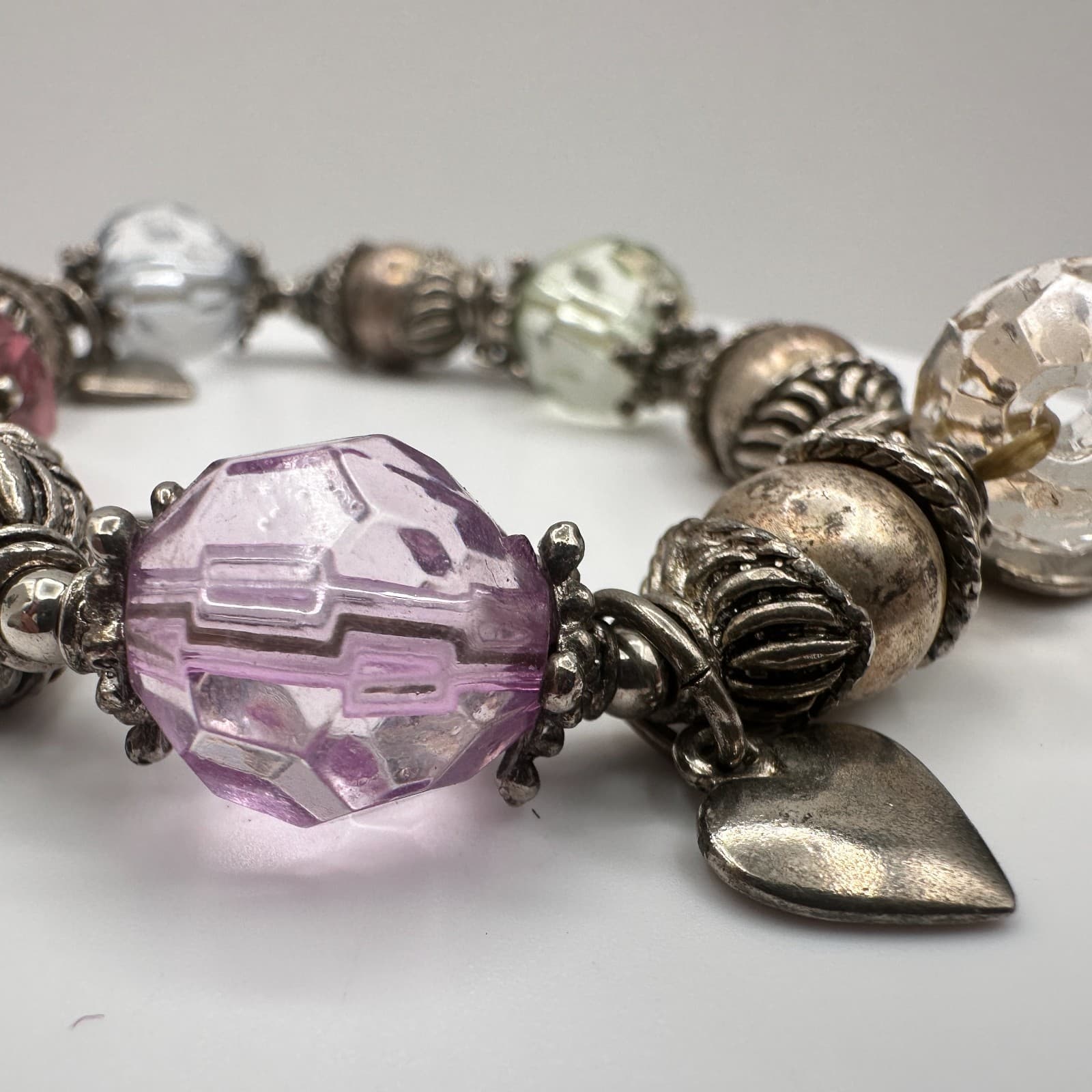 Vintage 90s Beaded Charm Bracelet Silver Tone Heart Boho Women's Classic Jewelry - Thumbnail 10