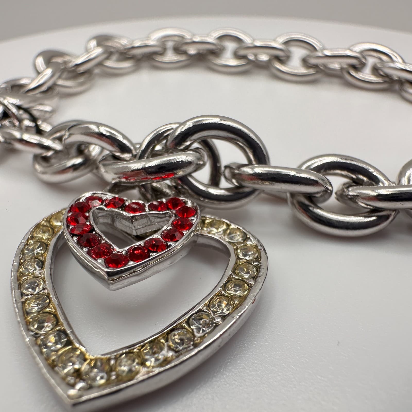 Vintage Y2K Cookie Lee Silver Tone Chunky Chain Bracelet Double Rhinestone Heart - Thumbnail 9