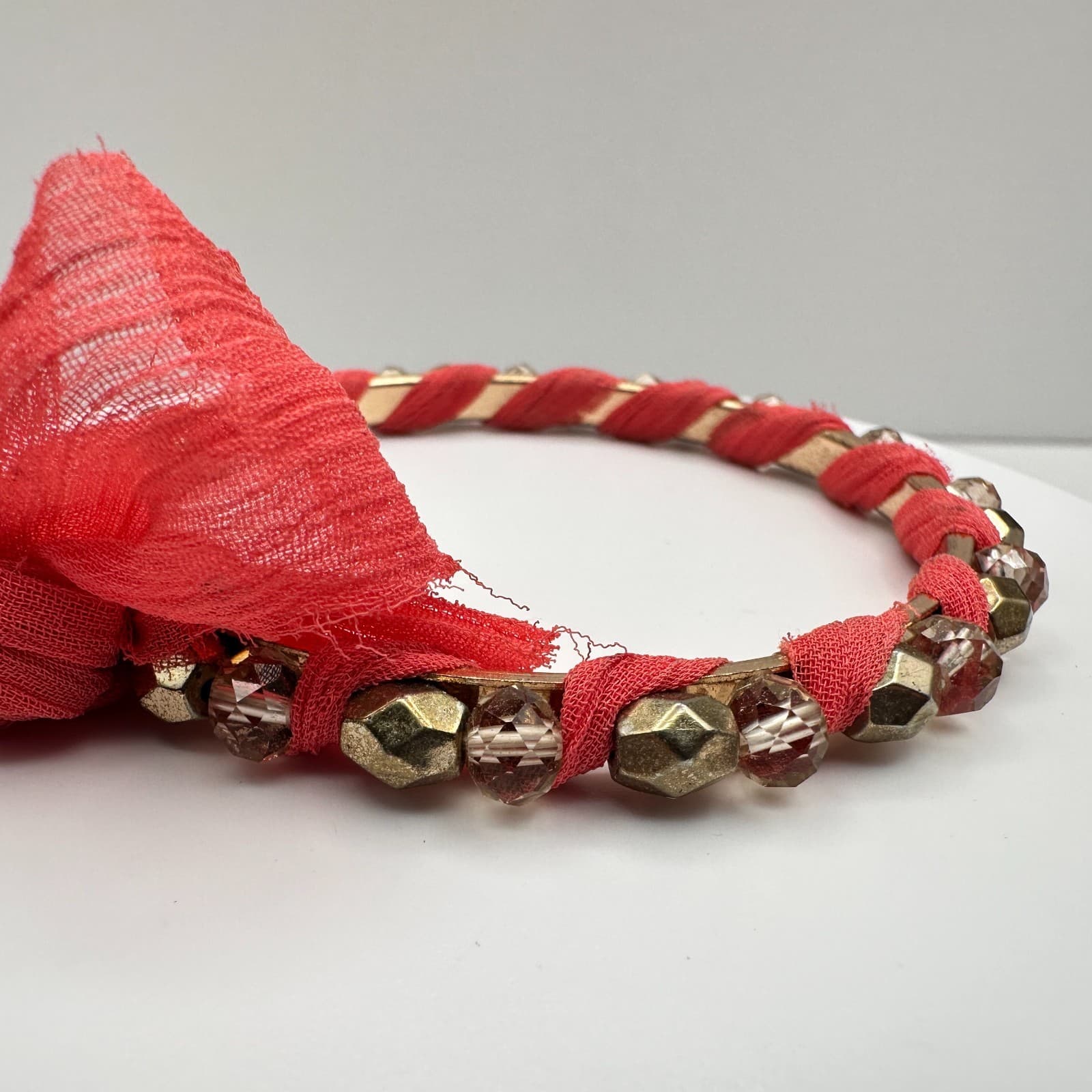 Vintage 90s Boho Coral Red Fabric Wrapped Bracelet Gold Tone Beaded Statement - Thumbnail 4