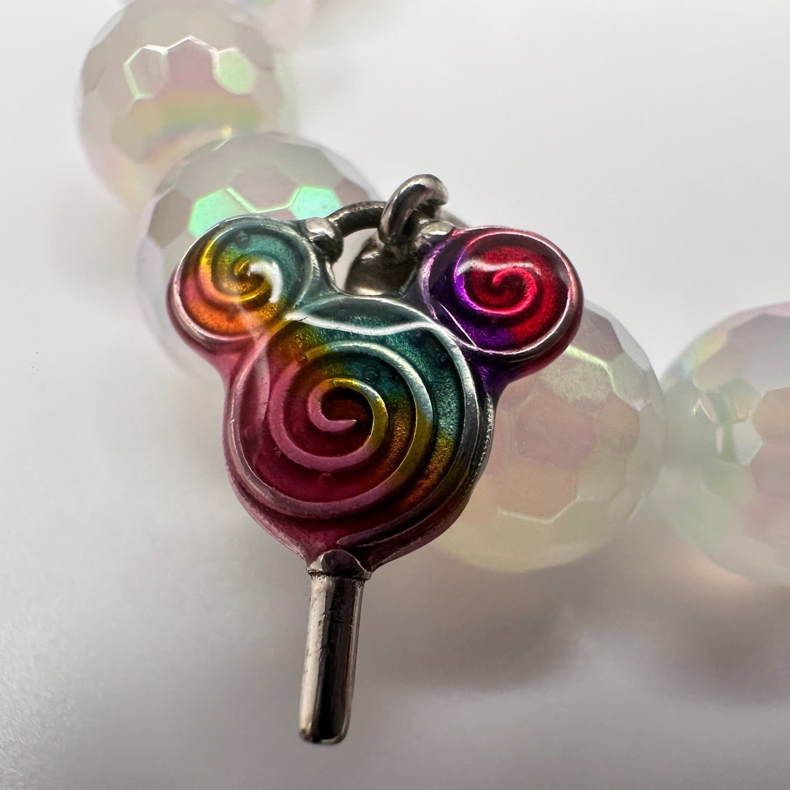 Vintage 90s Iridescent Beaded Stretch Bracelet Lollipop Charm Red Rhinestone - Thumbnail 4