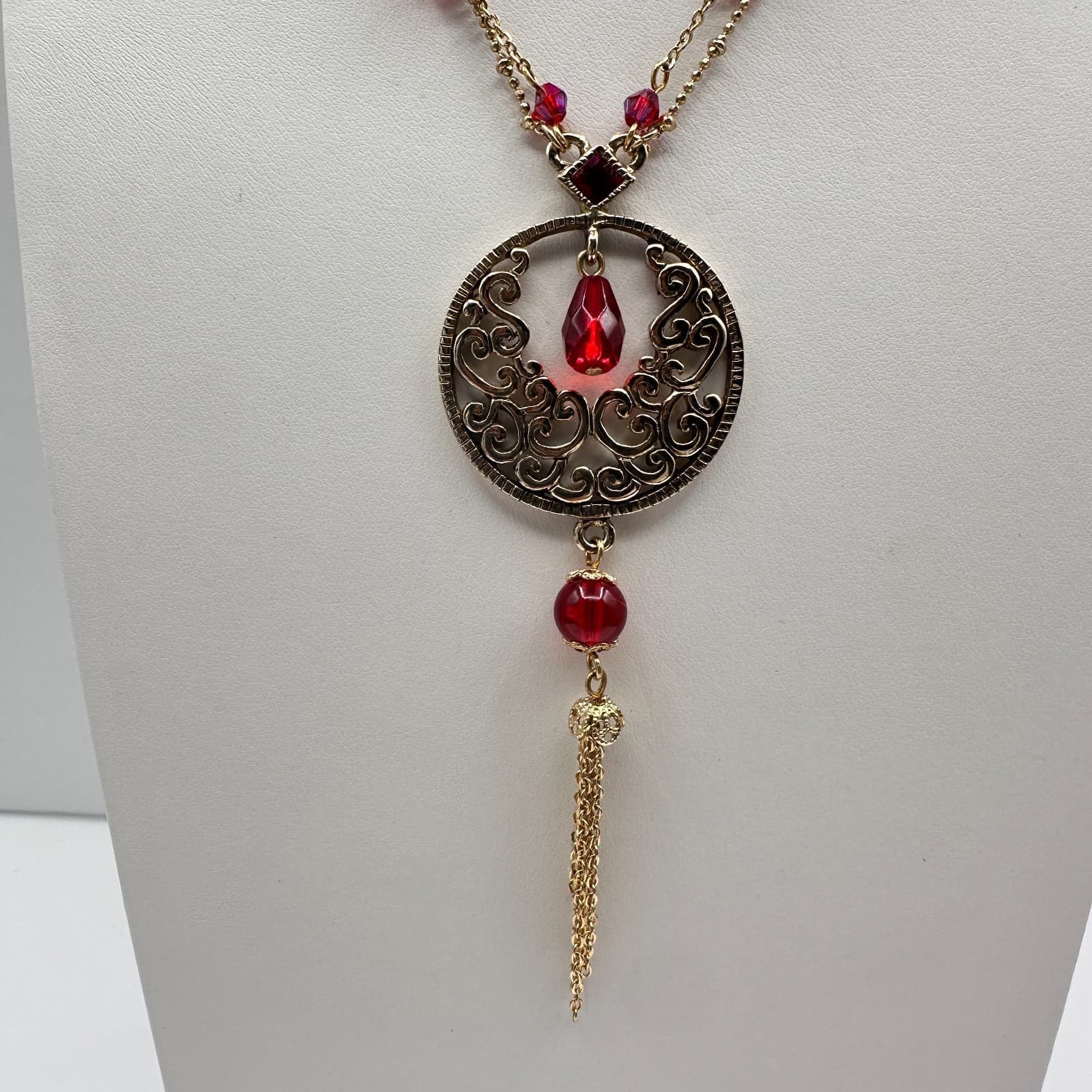 Vintage Y2K Cookie Lee Red Stone Necklace Gold Tone Filigree Tassel Statement - Thumbnail 2