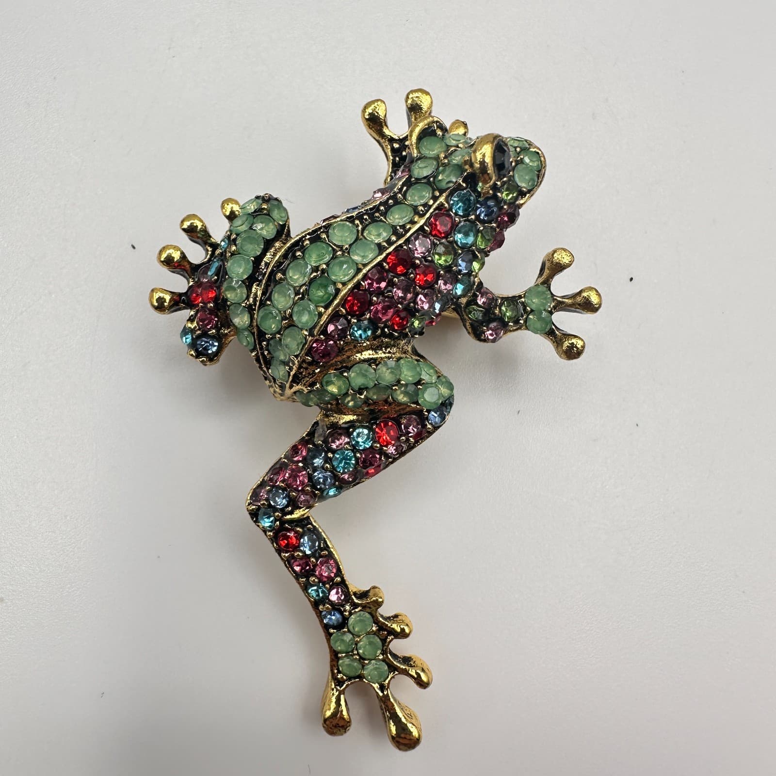 Vintage 90s Rhinestone Frog Brooch Pin Gold Tone Statement Women's Jewelry - Thumbnail 5