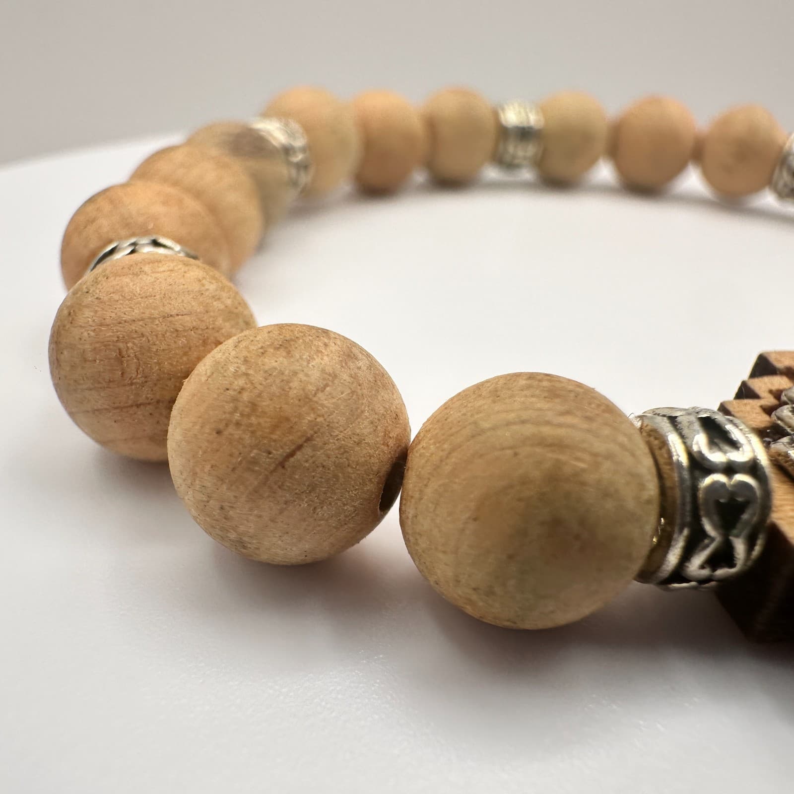 Vintage 90s Jerusalem Cross Stretch Bracelet Olive Wood Beads Religious Jewelry - Thumbnail 5