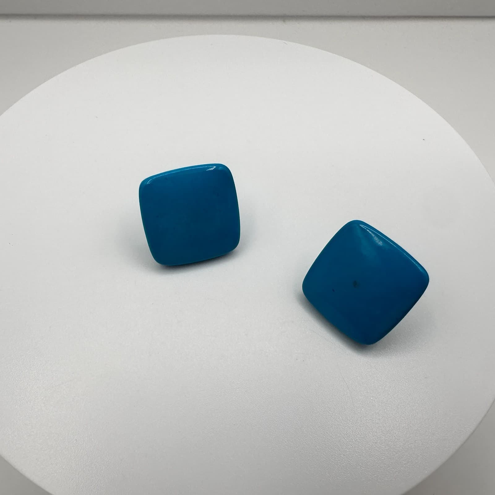 Vintage 90s Turquoise Blue Enamel Square Stud Earrings Retro Statement Jewelry - Thumbnail 2