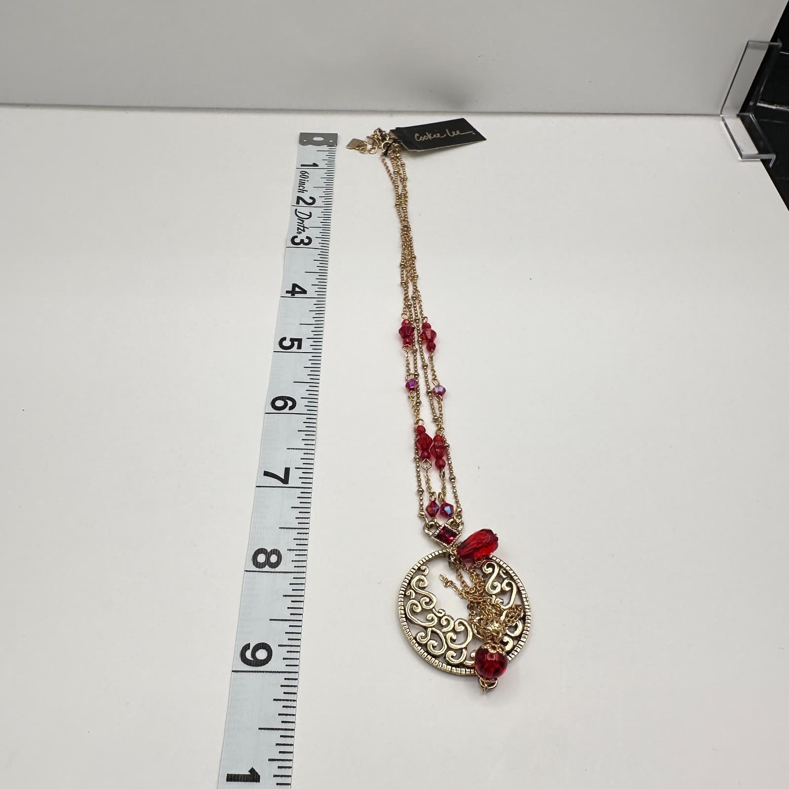 Vintage Y2K Cookie Lee Red Stone Necklace Gold Tone Filigree Tassel Statement - Thumbnail 17