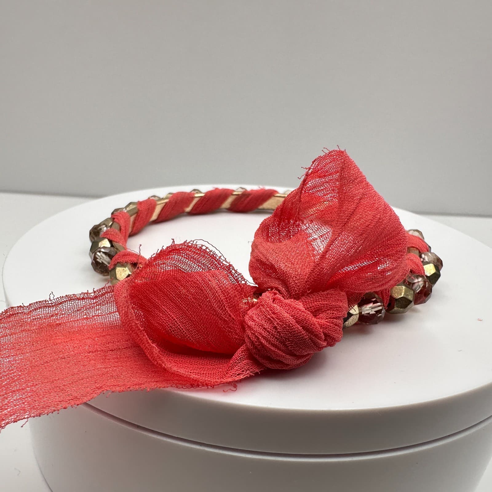 Vintage 90s Boho Coral Red Fabric Wrapped Bracelet Gold Tone Beaded Statement - Thumbnail 2
