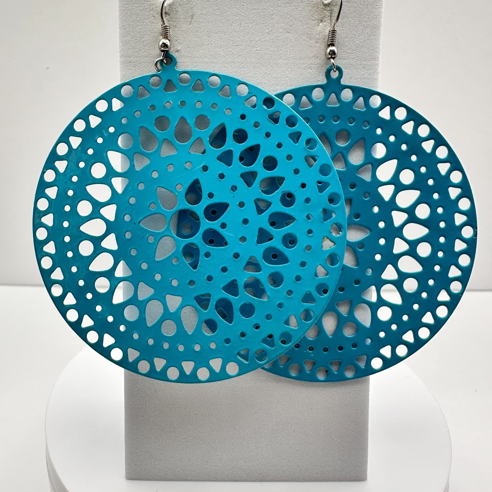 Vintage 90s Boho Teal Blue Enamel Large Filigree Round Drop Dangle Earrings - Thumbnail 2