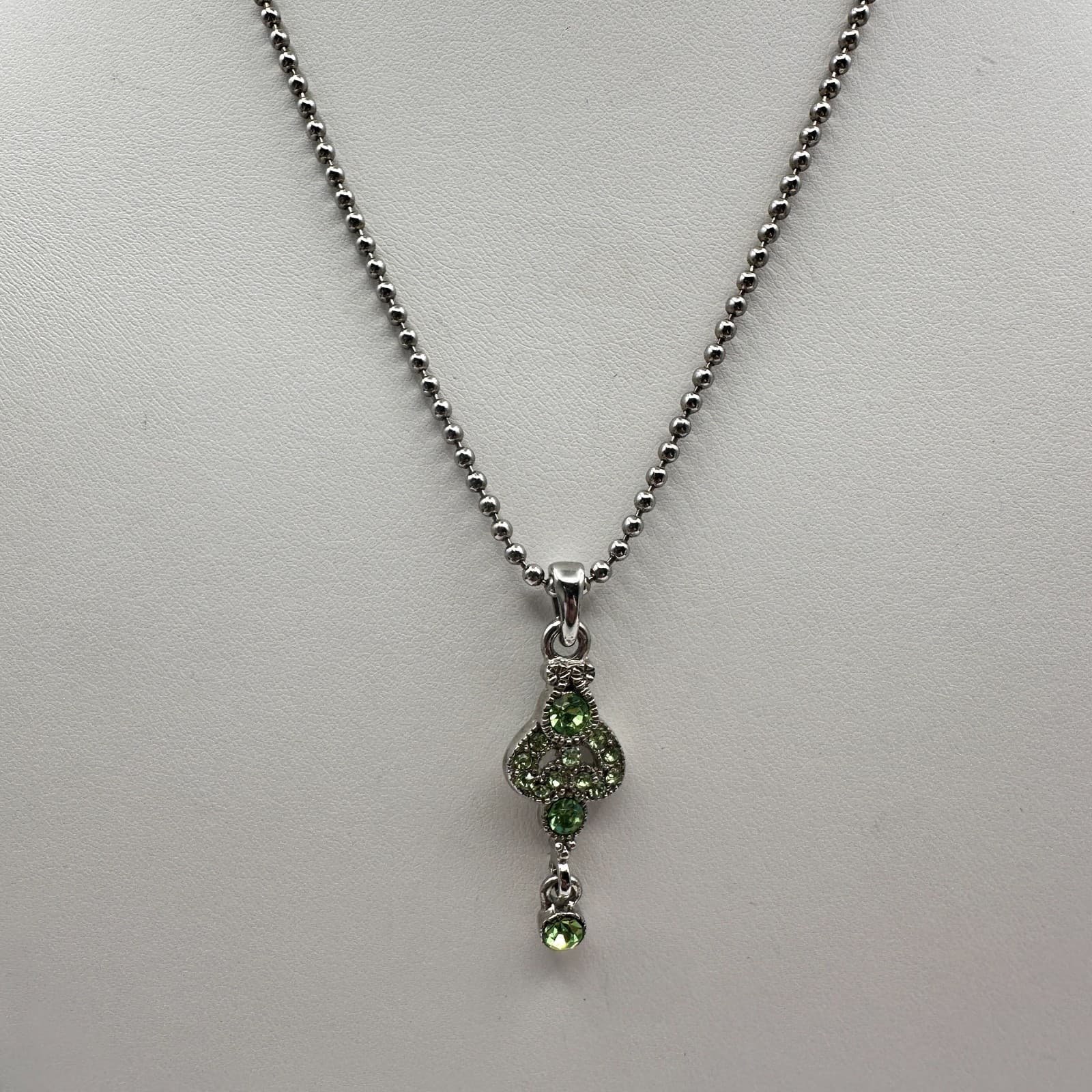 Vintage Y2K Cookie Lee Green Rhinestone Pendant Necklace Silver Tone Ball Chain - Image 1