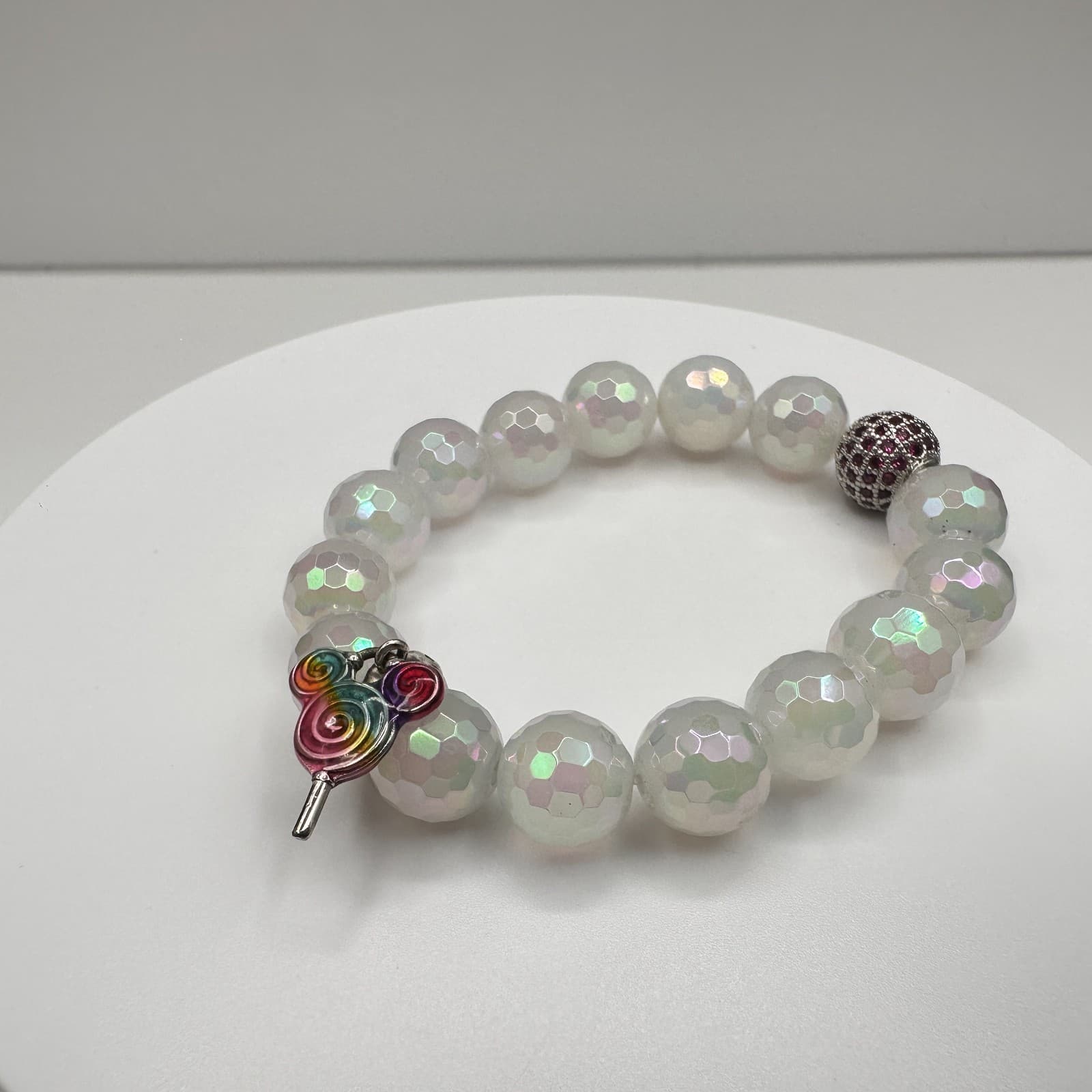 Vintage 90s Iridescent Beaded Stretch Bracelet Lollipop Charm Red Rhinestone - Thumbnail 2