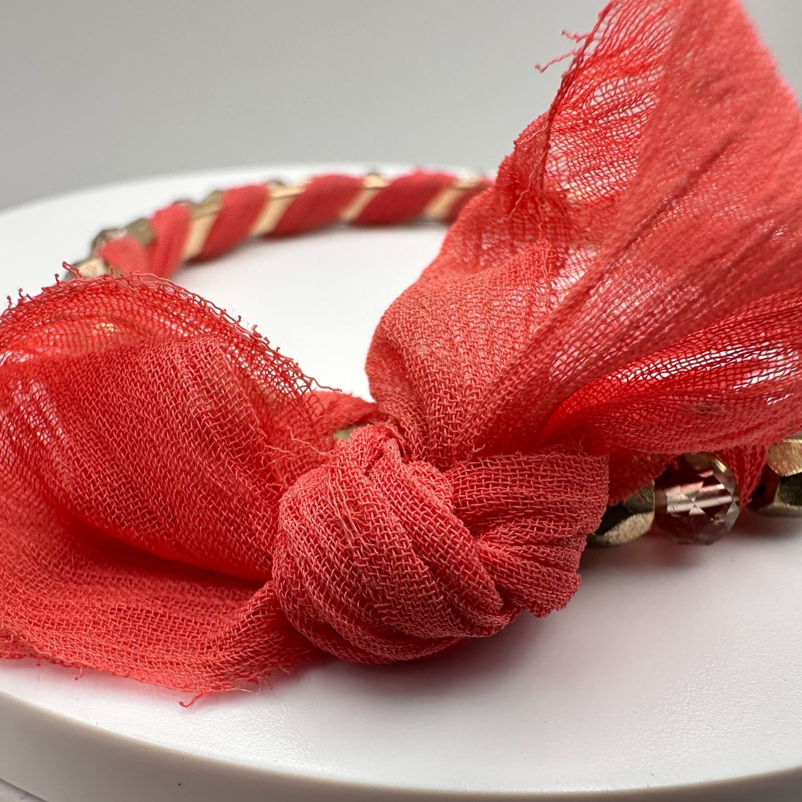 Vintage 90s Boho Coral Red Fabric Wrapped Bracelet Gold Tone Beaded Statement - Thumbnail 5