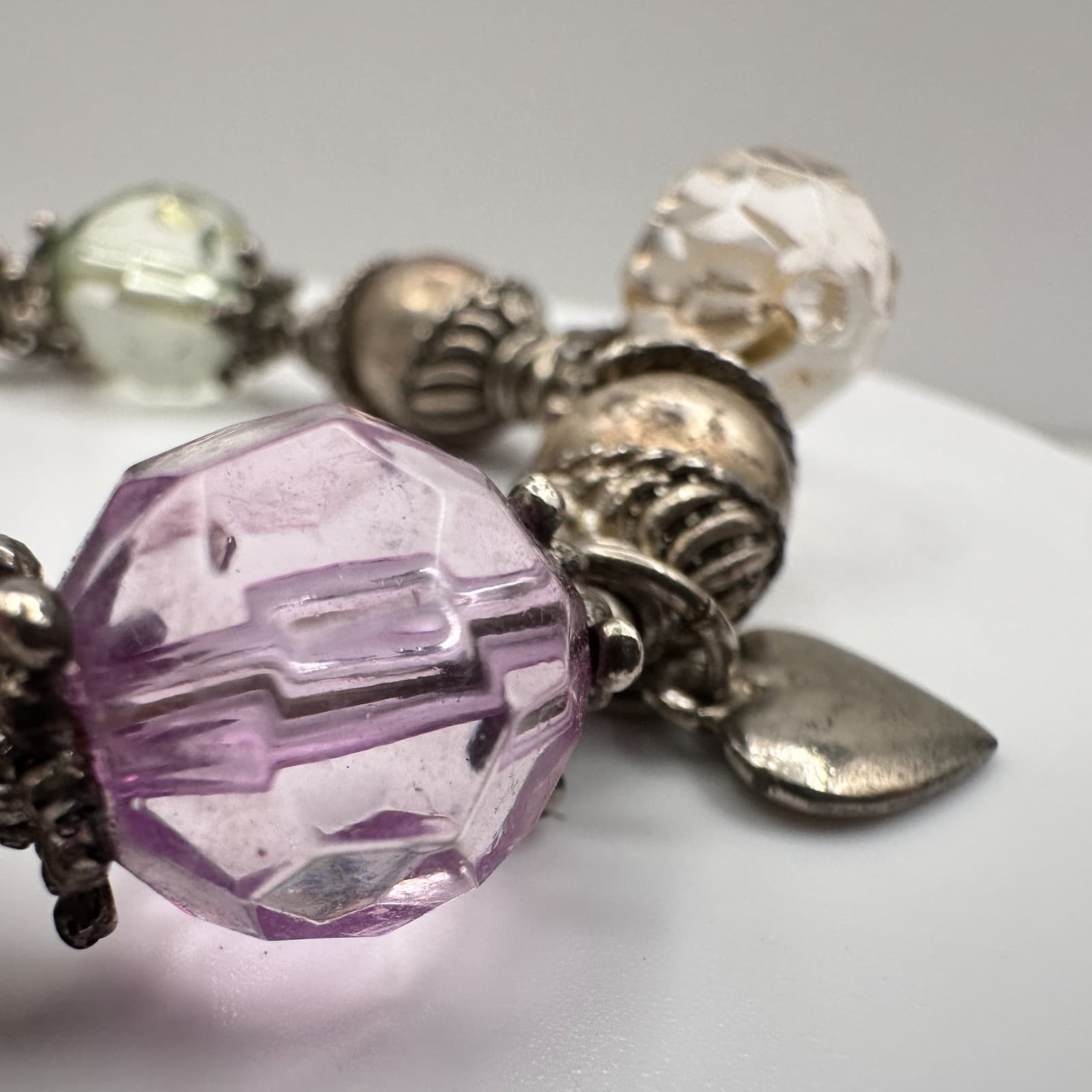 Vintage 90s Beaded Charm Bracelet Silver Tone Heart Boho Women's Classic Jewelry - Thumbnail 9