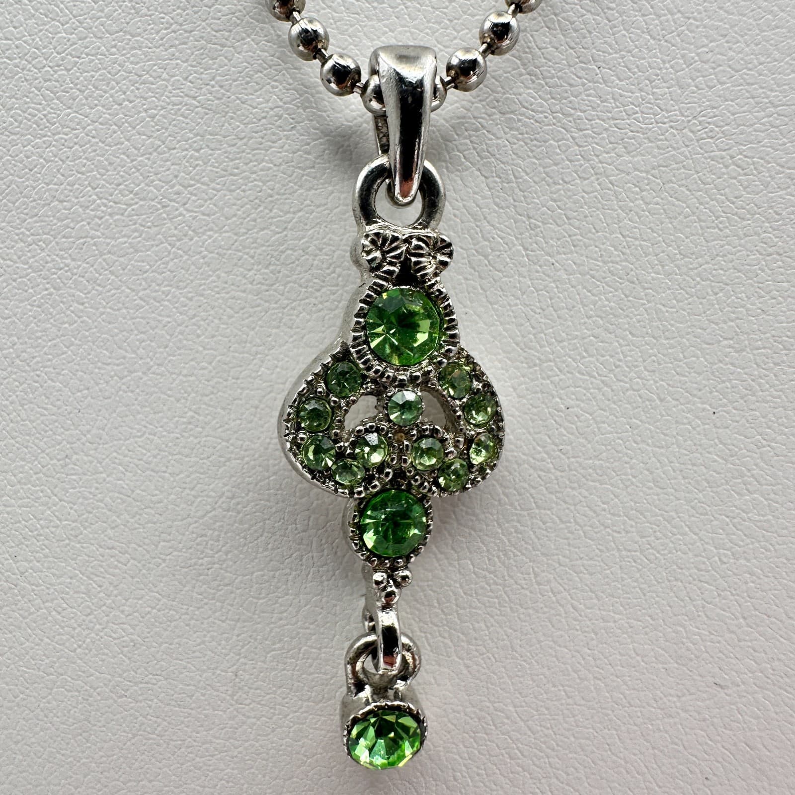 Vintage Y2K Cookie Lee Green Rhinestone Pendant Necklace Silver Tone Ball Chain - Thumbnail 3