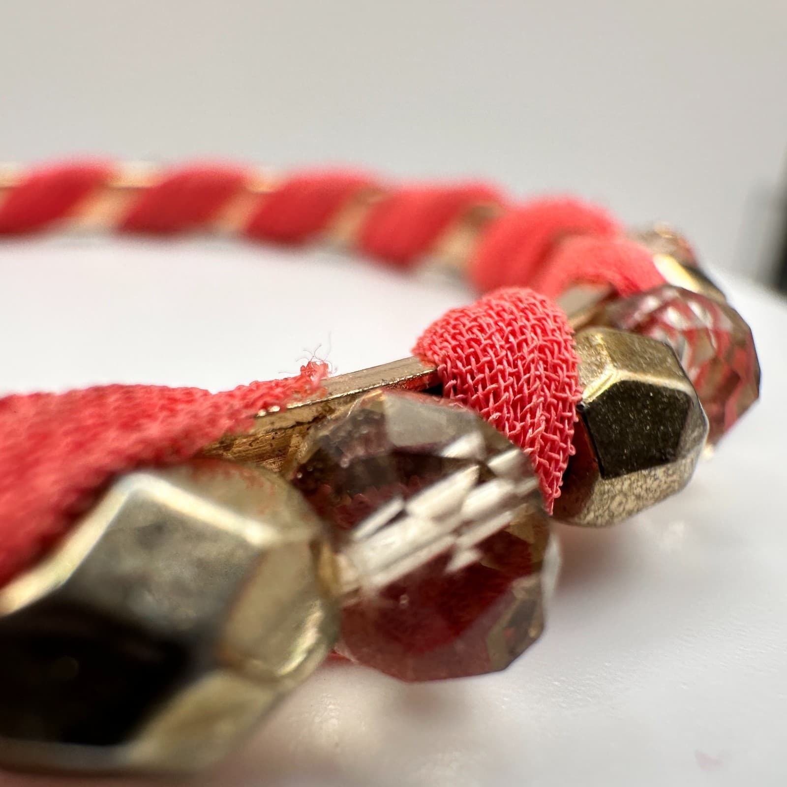 Vintage 90s Boho Coral Red Fabric Wrapped Bracelet Gold Tone Beaded Statement - Thumbnail 8