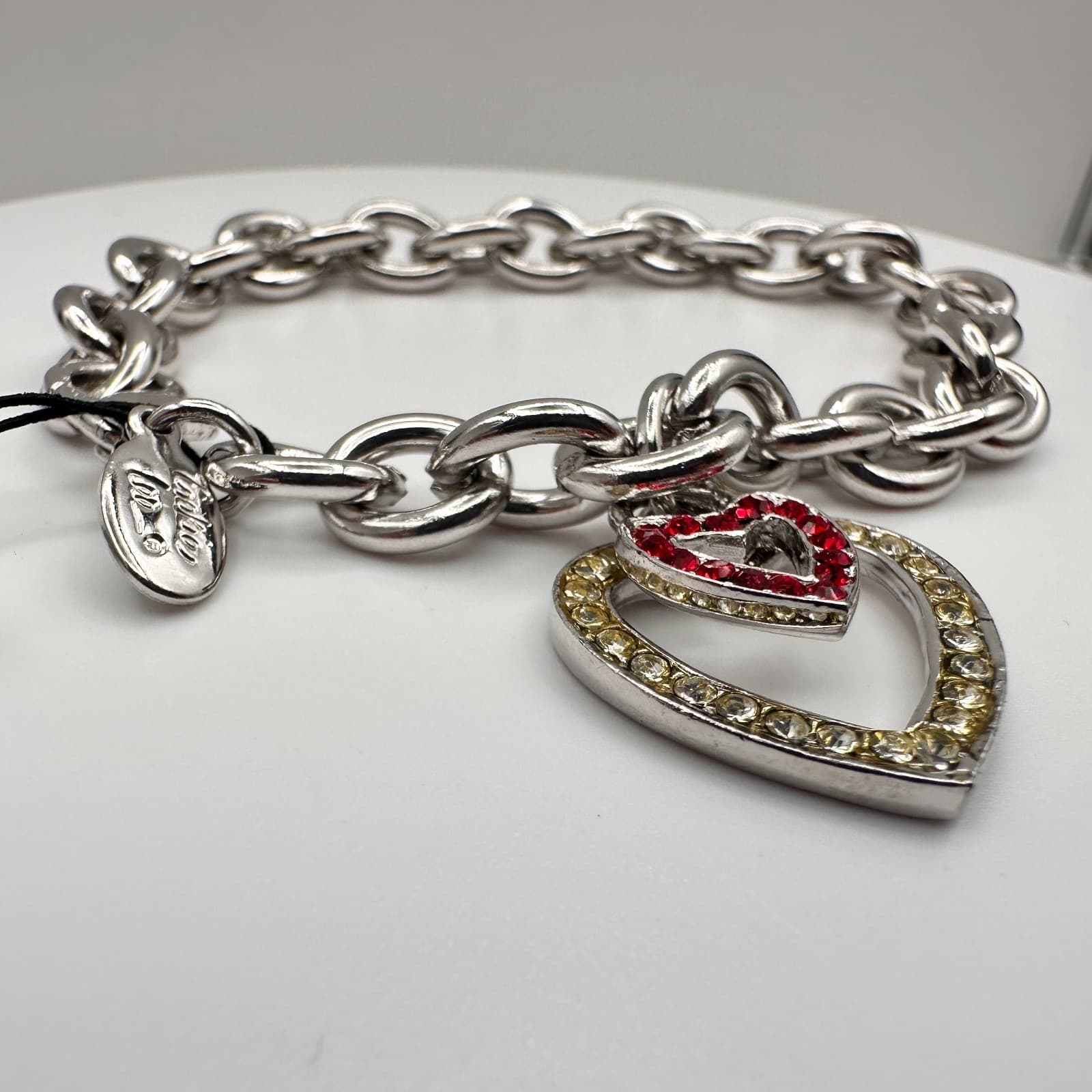 Vintage Y2K Cookie Lee Silver Tone Chunky Chain Bracelet Double Rhinestone Heart - Thumbnail 5