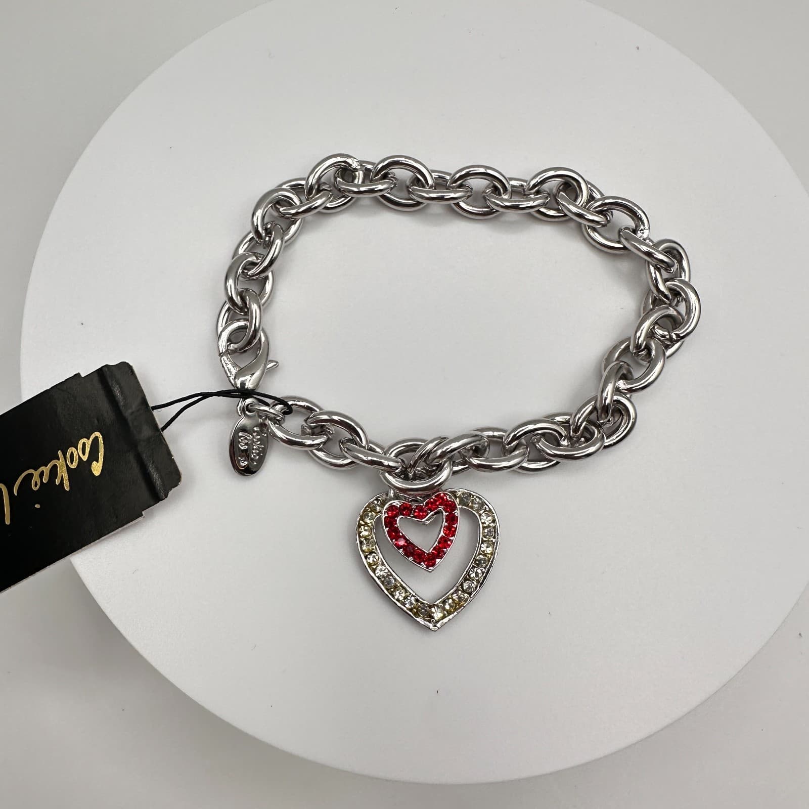 Vintage Y2K Cookie Lee Silver Tone Chunky Chain Bracelet Double Rhinestone Heart - Image 1