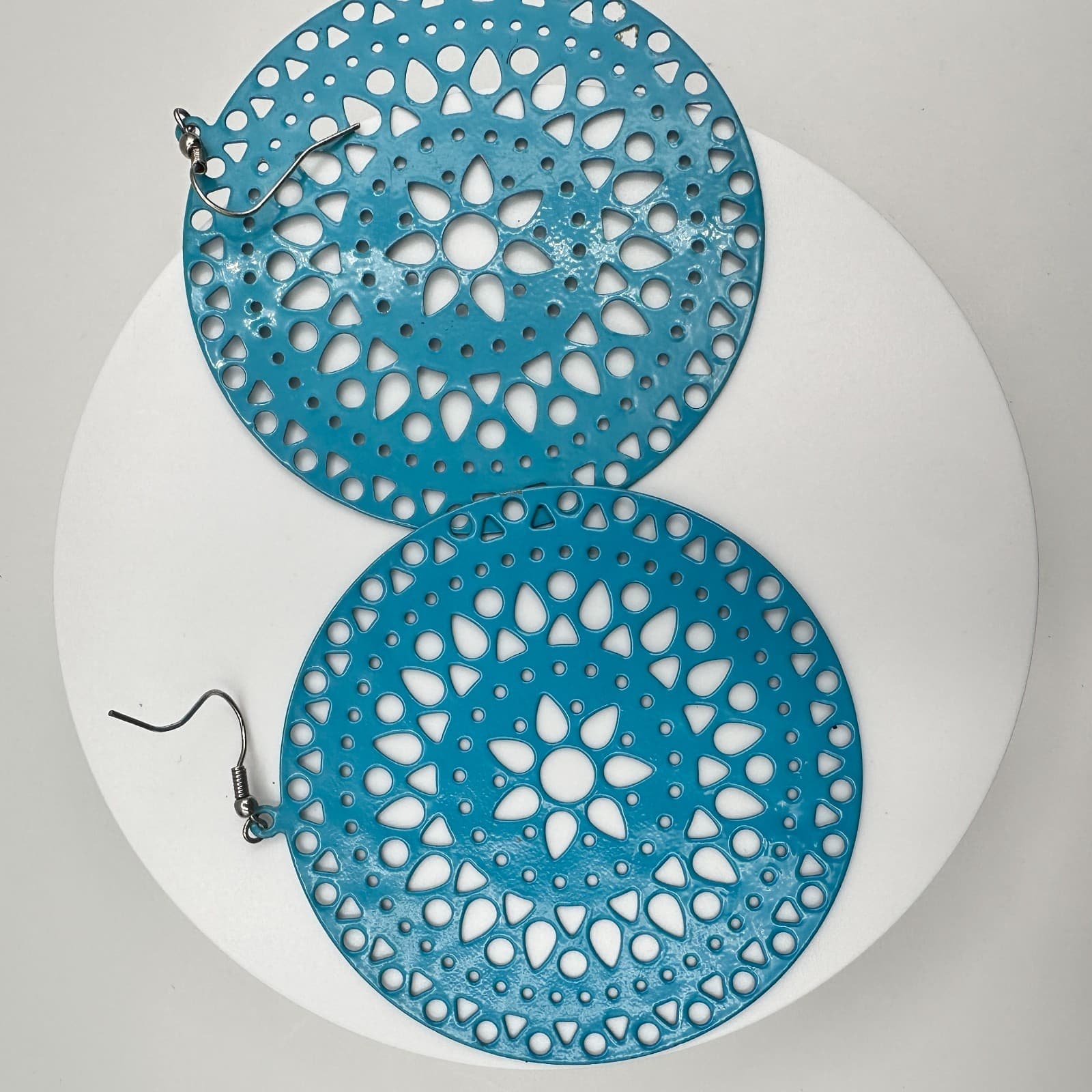 Vintage 90s Boho Teal Blue Enamel Large Filigree Round Drop Dangle Earrings - Thumbnail 9