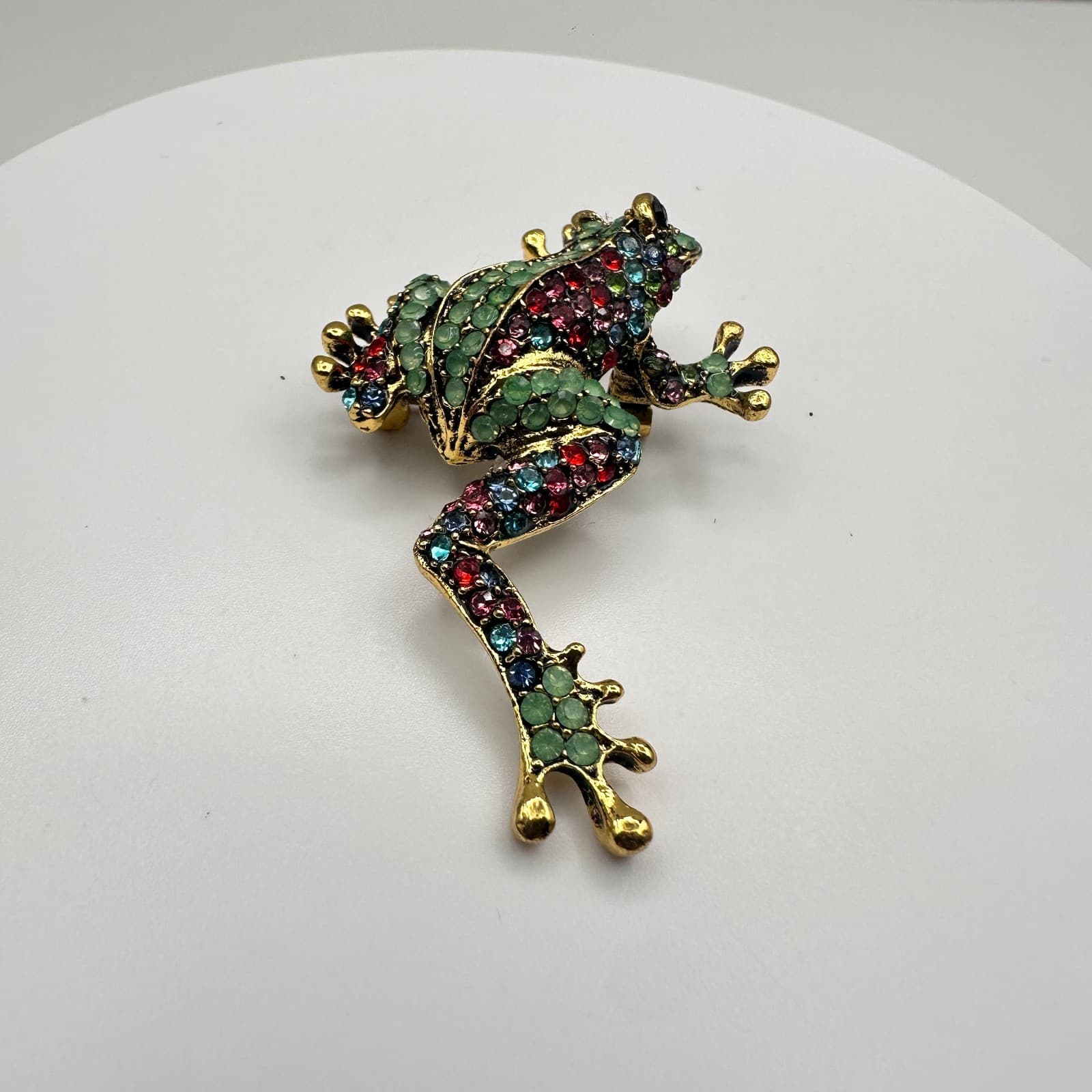 Vintage 90s Rhinestone Frog Brooch Pin Gold Tone Statement Women's Jewelry - Thumbnail 3