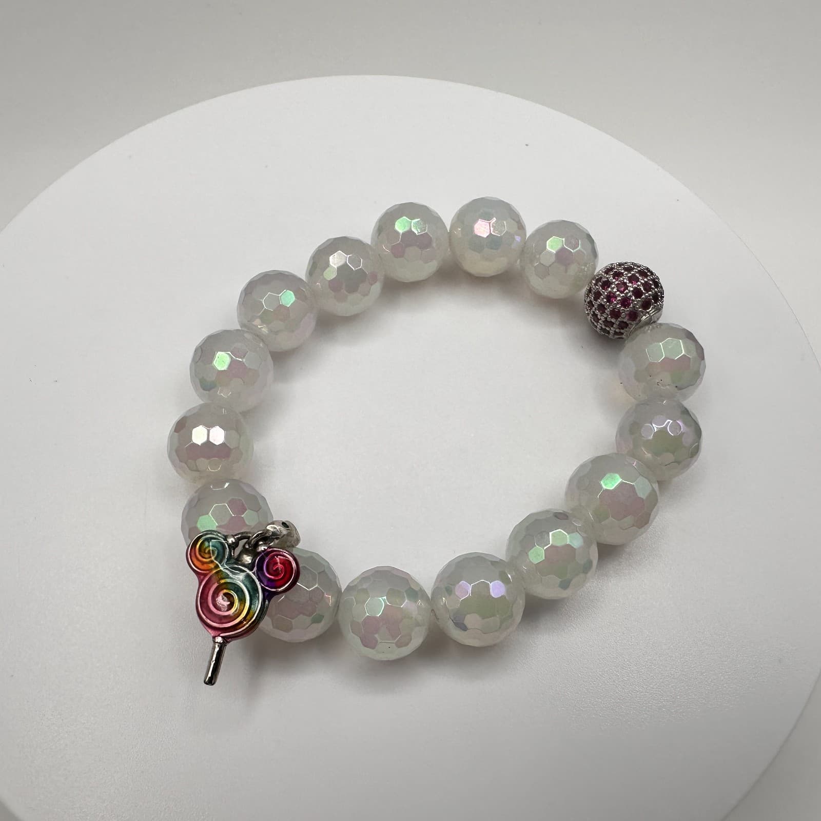 Vintage 90s Iridescent Beaded Stretch Bracelet Lollipop Charm Red Rhinestone - Image 1