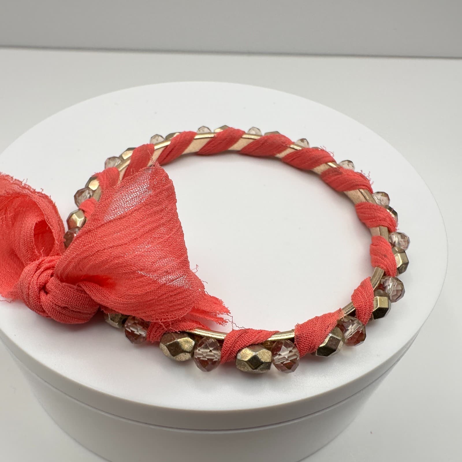 Vintage 90s Boho Coral Red Fabric Wrapped Bracelet Gold Tone Beaded Statement - Thumbnail 9