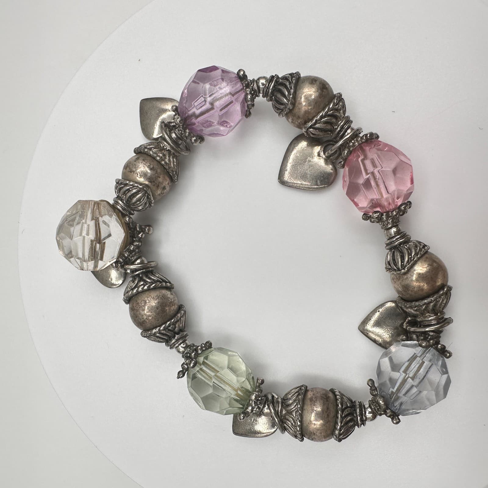 Vintage 90s Beaded Charm Bracelet Silver Tone Heart Boho Women's Classic Jewelry - Thumbnail 3