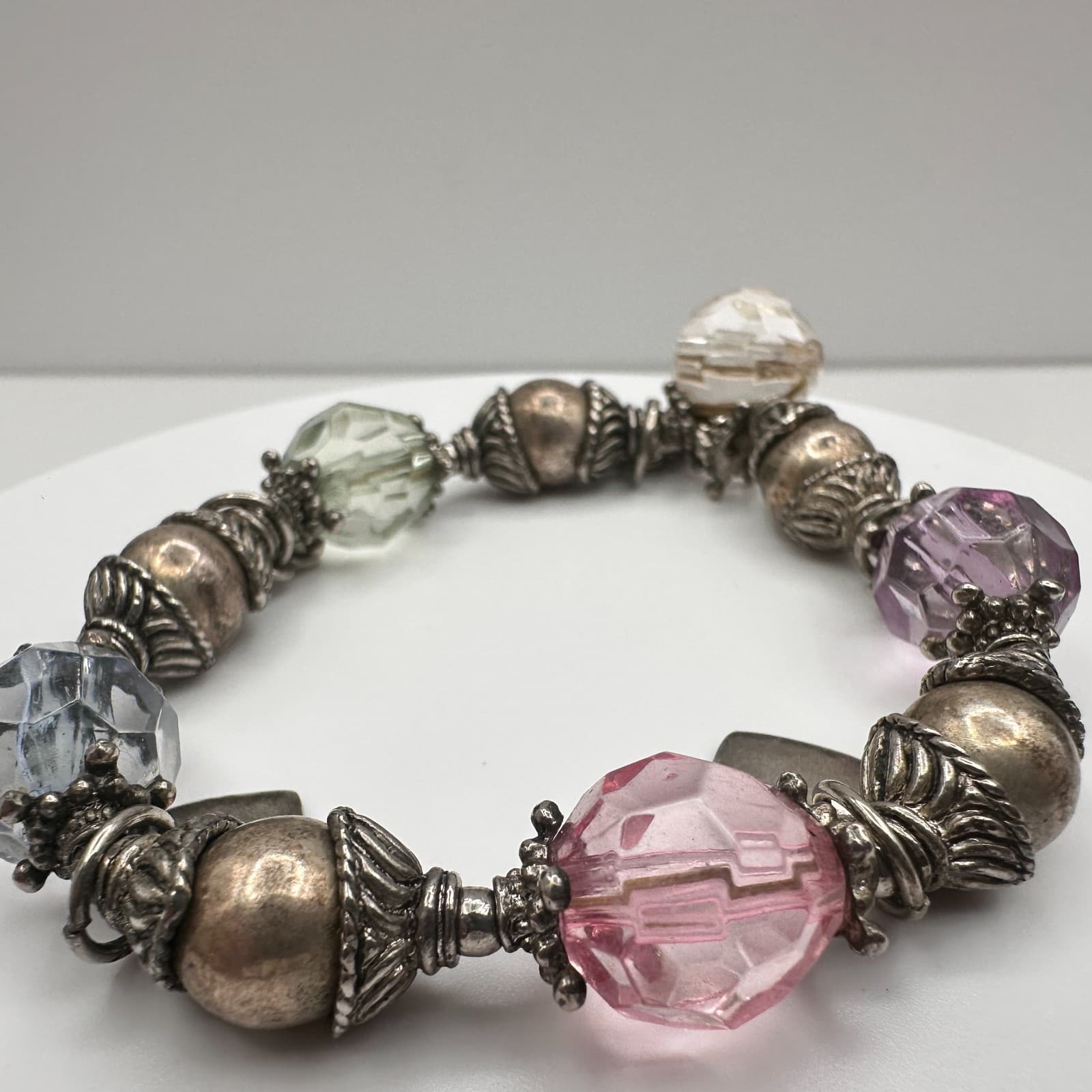 Vintage 90s Beaded Charm Bracelet Silver Tone Heart Boho Women's Classic Jewelry - Thumbnail 7